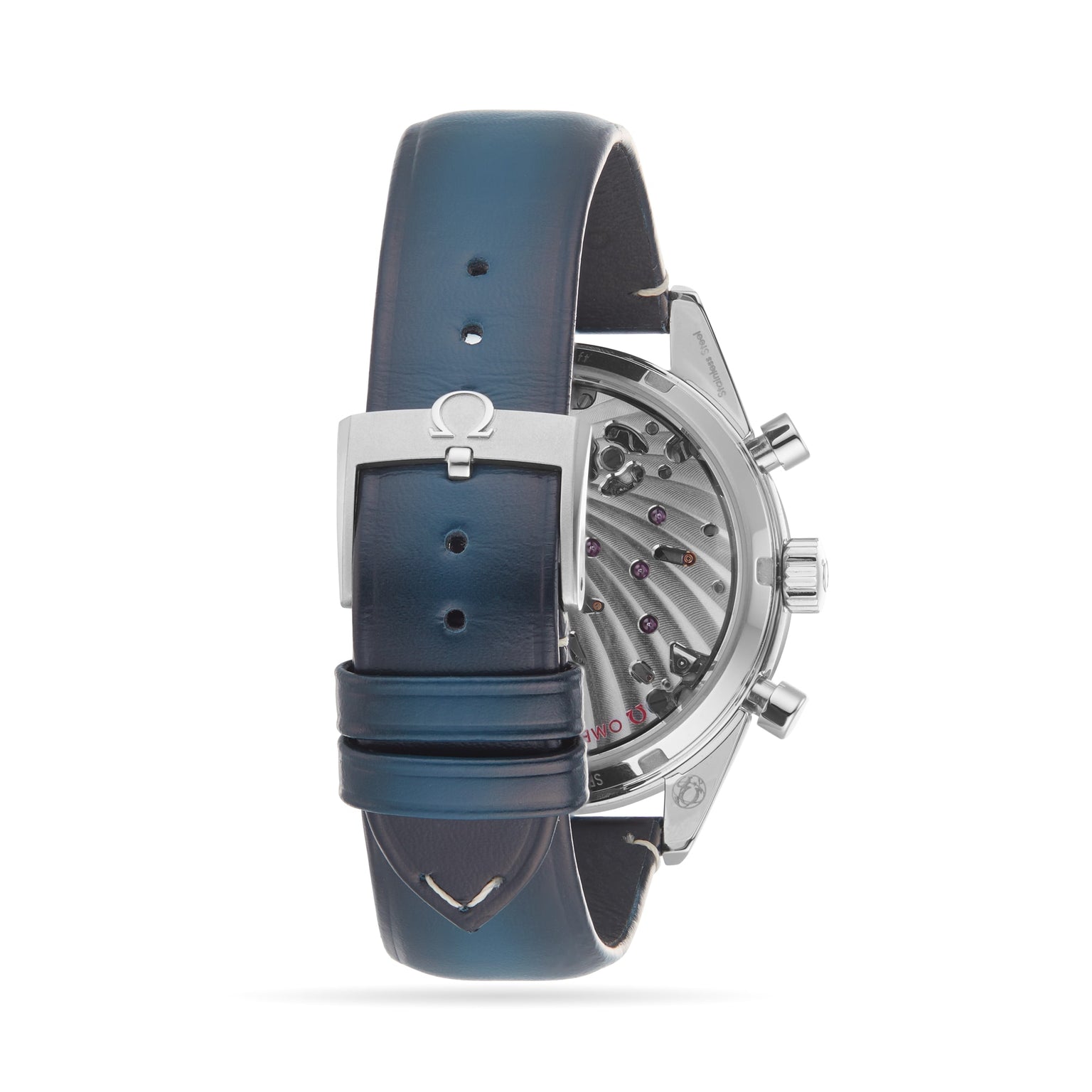 The OMEGA Speedmaster 57 features a blue leather strap, silver buckle with Omega logo, transparent case back revealing the mechanical movement, and a tachymeter bezel.