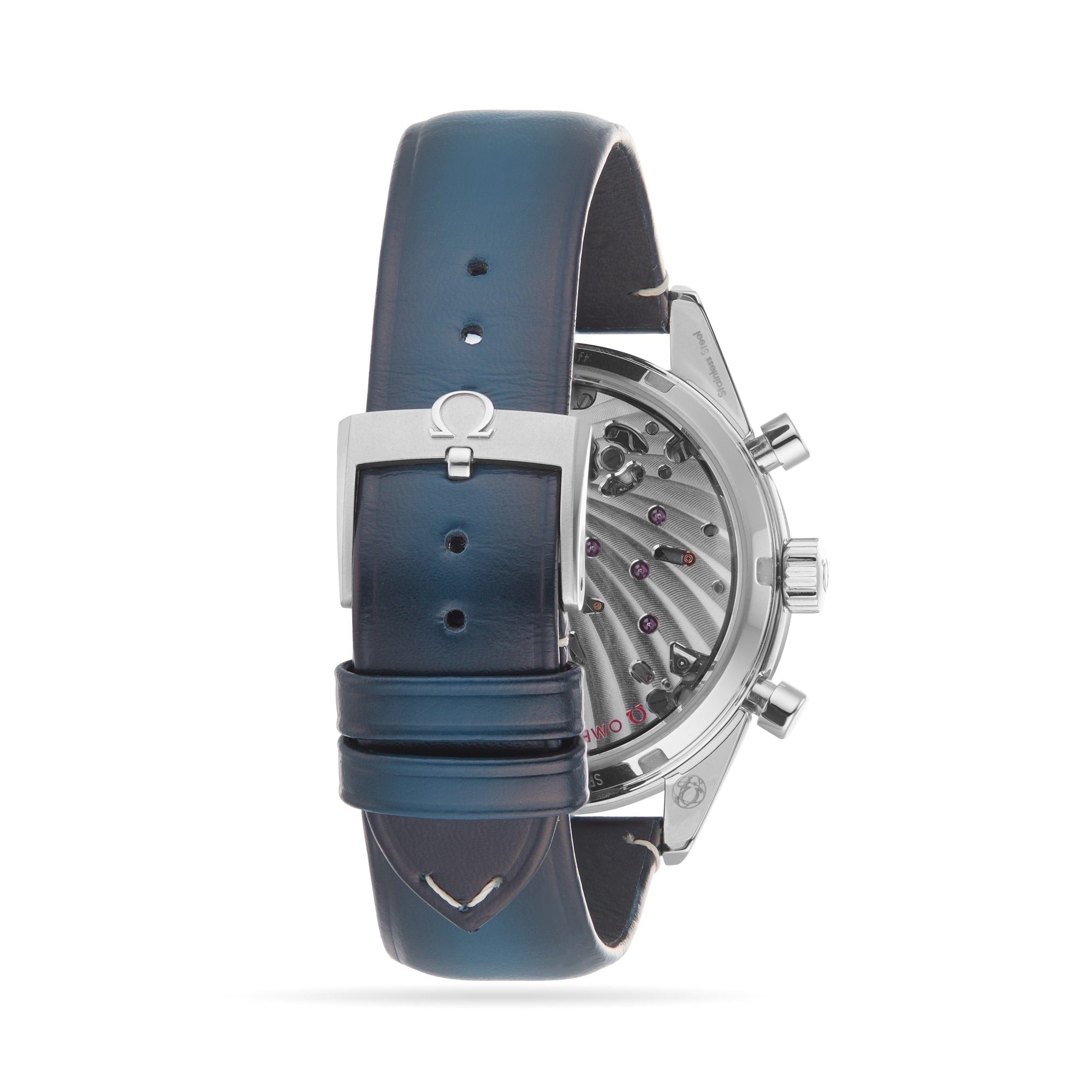 The OMEGA Speedmaster 57 features a blue leather strap, silver buckle with Omega logo, transparent case back revealing the mechanical movement, and a tachymeter bezel.