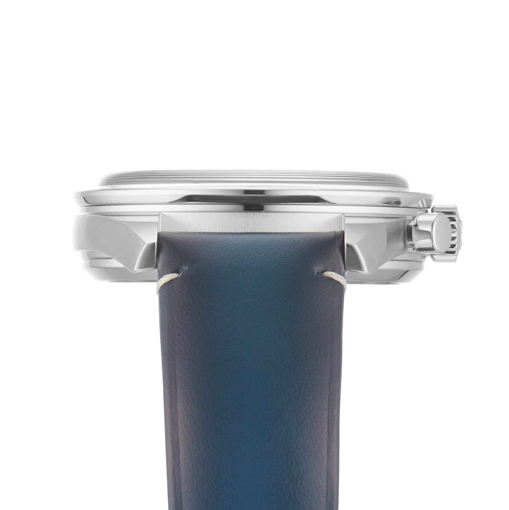 Side view of the OMEGA Speedmaster 57 with a stainless steel case and blue leather strap, featuring visible crown, detailed stitching on the strap, and a subtle tachymeter scale on the bezel.