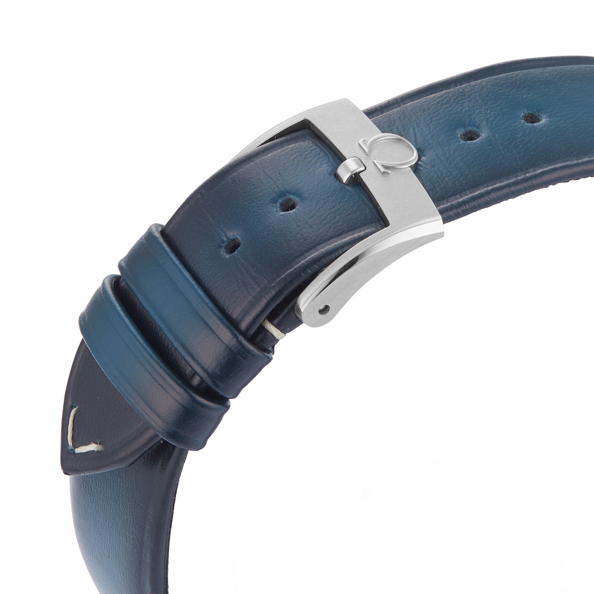 Close-up of a blue leather strap with silver buckle and adjustment holes, showing stitching and minor wear—an elegant detail for your OMEGA Speedmaster 57.