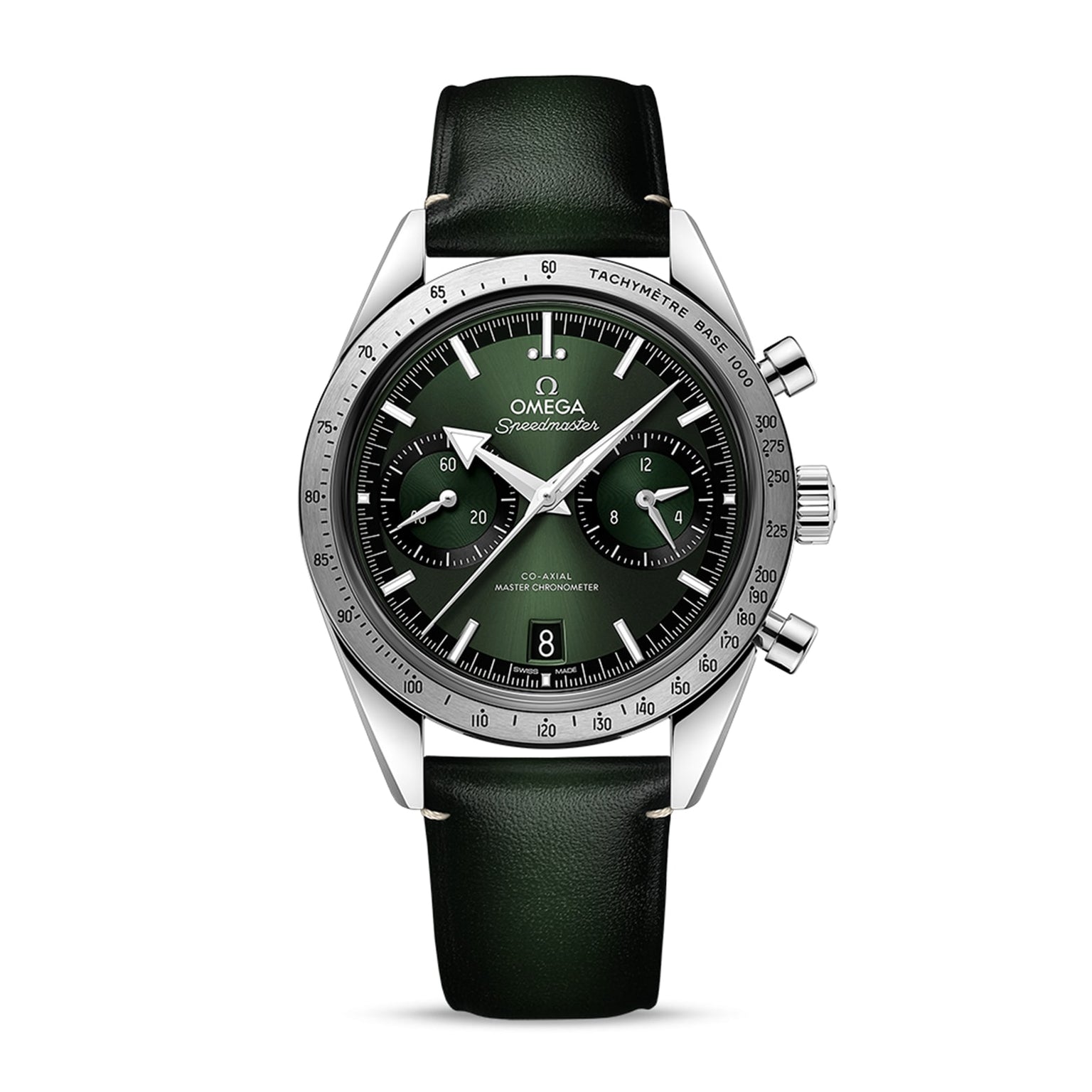 An OMEGA Speedmaster 57 wristwatch with a dark green leather strap, stainless steel case, and chronograph features is displayed on a white background.