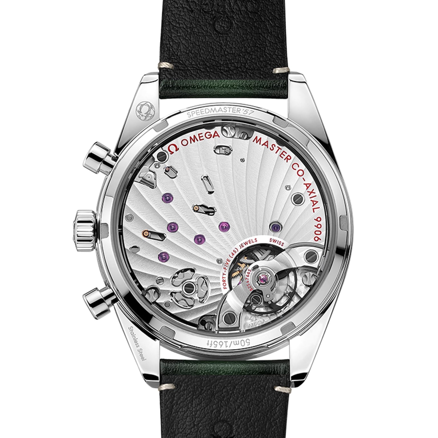 Back view of the OMEGA Speedmaster 57 showing its mechanical movement through a transparent caseback in a stainless steel case, with visible gears, jewels, and engraved details.