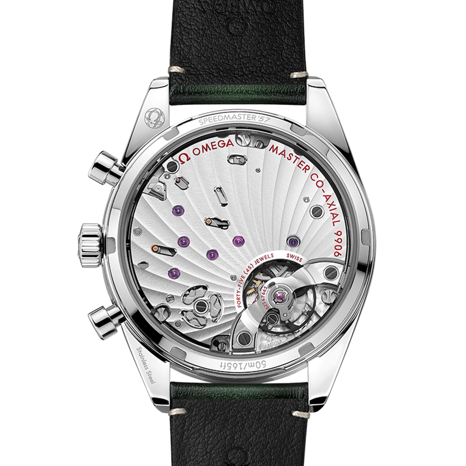 Back view of the OMEGA Speedmaster 57 showing its mechanical movement through a transparent caseback in a stainless steel case, with visible gears, jewels, and engraved details.