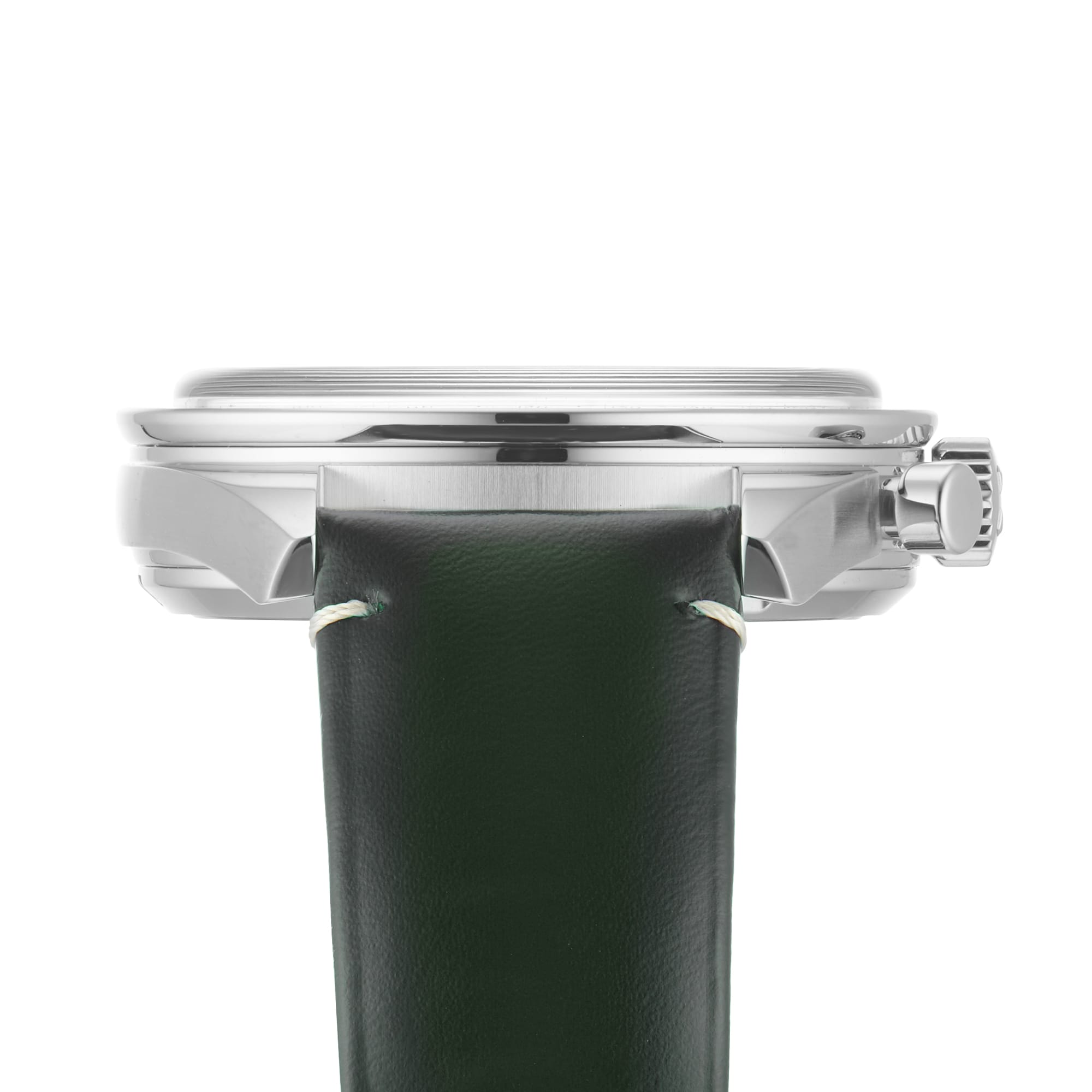 Close-up side view of the OMEGA Speedmaster 57 wristwatch with a silver stainless steel case, green leather strap, and visible crown on the right.