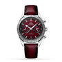 The OMEGA Speedmaster 57, crafted in stainless steel with a burgundy dial and chronograph functions, is paired with a matching burgundy leather strap and displayed against a white background.