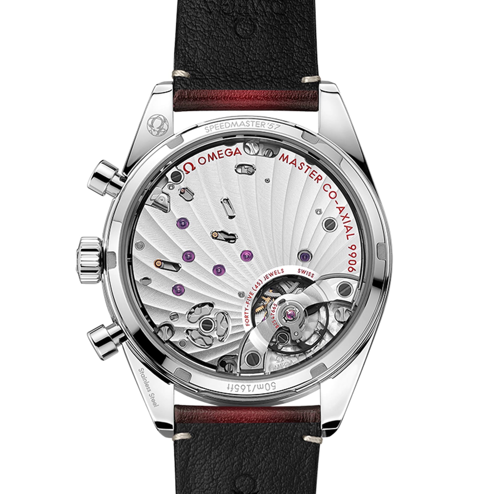 The back view of the OMEGA Speedmaster 57 reveals its exposed mechanical movement, labeled components, and black leather strap—showcasing its Master Chronometer certification.