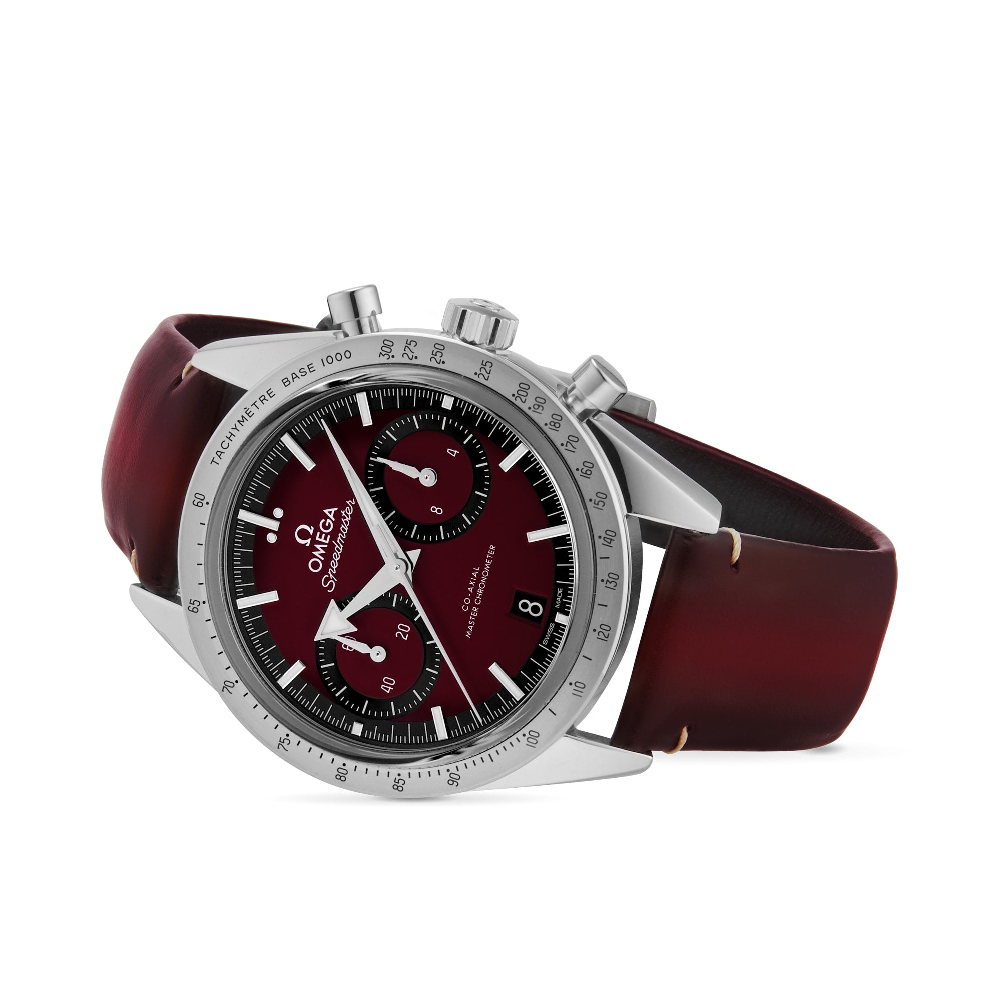An OMEGA Speedmaster 57 chronograph wristwatch with a maroon dial, tachymeter bezel, date display, and leather strap, photographed on a white background.