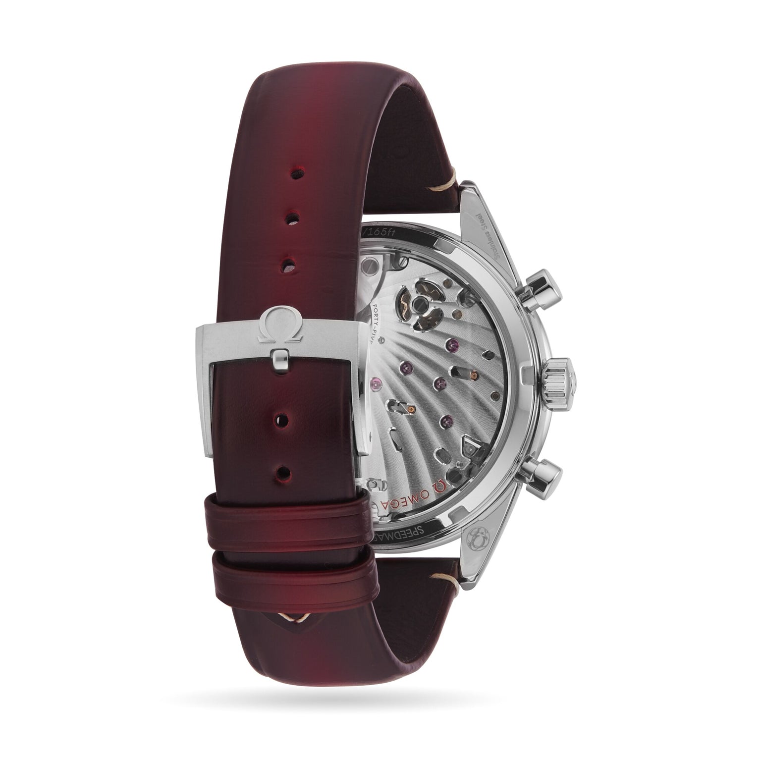 The OMEGA Speedmaster 57 features a transparent case back showcasing its mechanical movement, paired with a reddish-brown leather strap and a silver Omega-logo-engraved buckle.