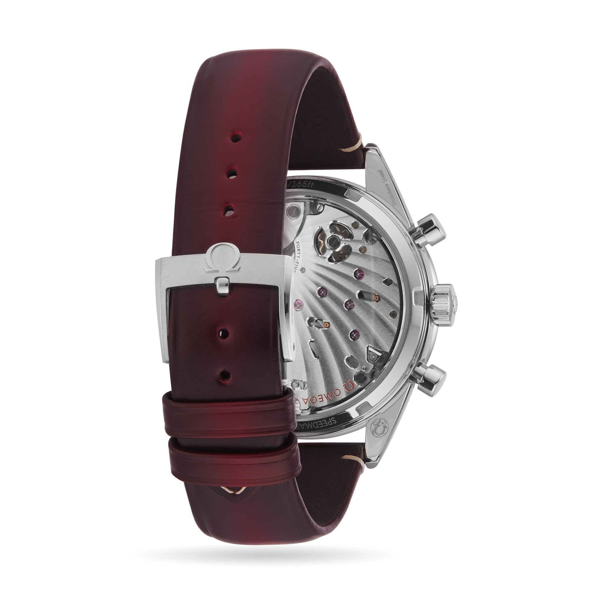 The OMEGA Speedmaster 57 features a transparent case back showcasing its mechanical movement, paired with a reddish-brown leather strap and a silver Omega-logo-engraved buckle.