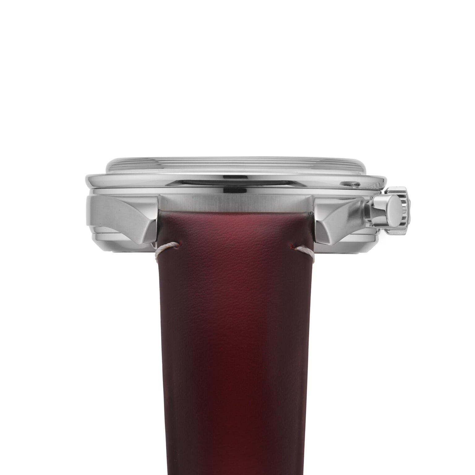 Side view of the OMEGA Speedmaster 57 wristwatch featuring a stainless steel case, brown leather strap, and chronograph function.