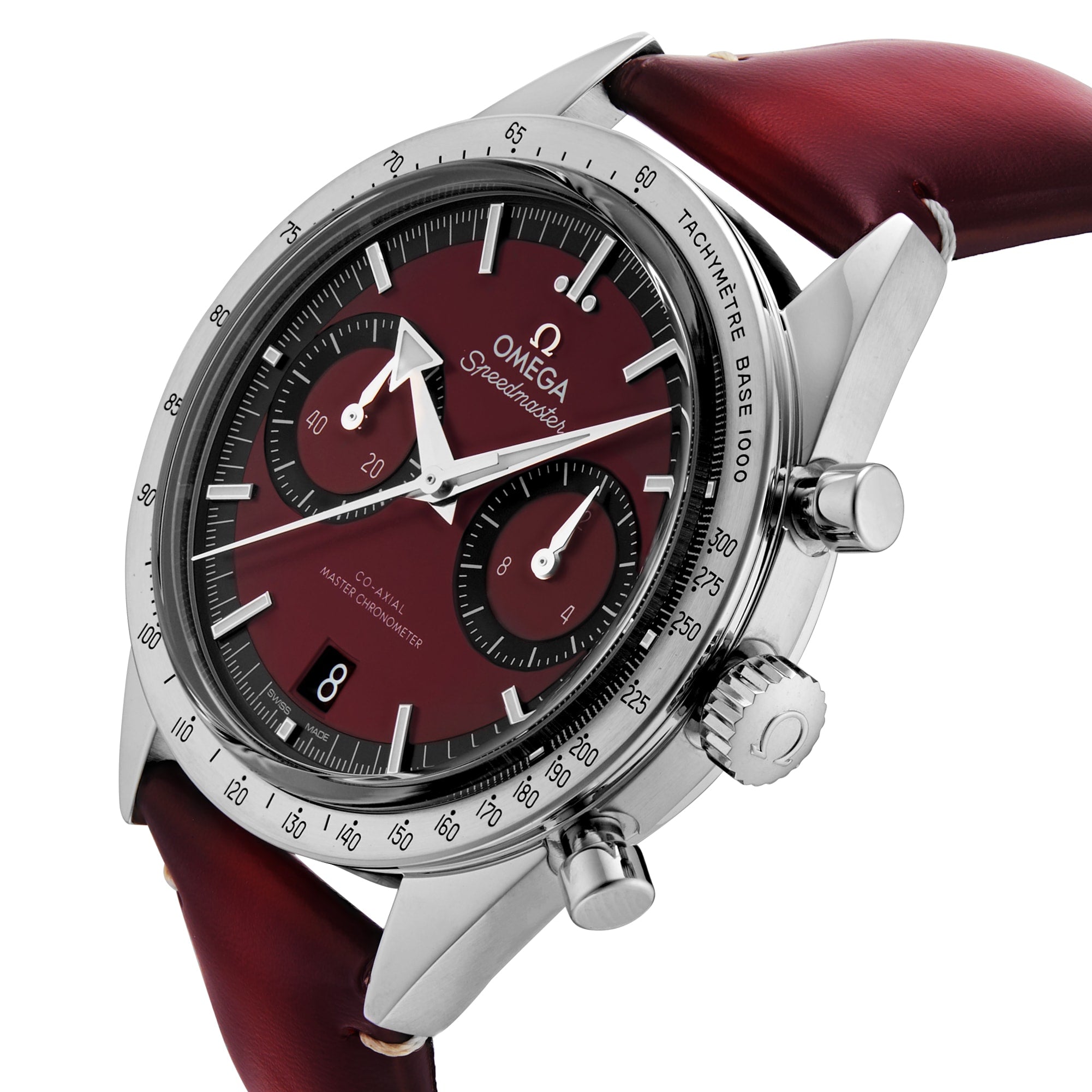 The OMEGA Speedmaster 57 wristwatch features a burgundy dial, chronograph subdials, silver case, and burgundy leather strap, displayed at an angle on a white background.