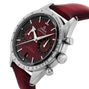 The OMEGA Speedmaster 57 wristwatch features a burgundy dial, chronograph subdials, silver case, and burgundy leather strap, displayed at an angle on a white background.