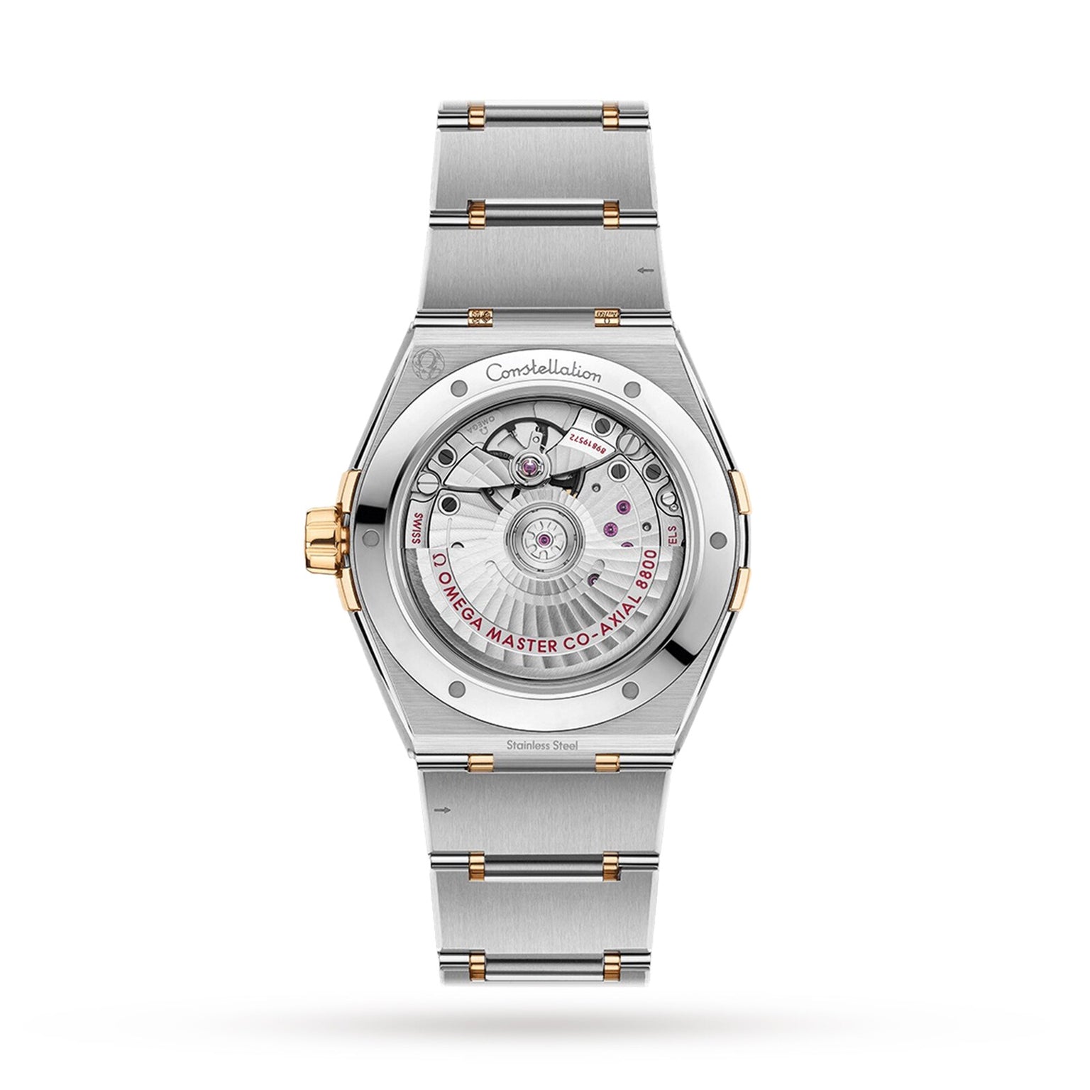 Back view of the OMEGA Constellation watch with a transparent case back, revealing the Master Chronometer Calibre 8800 movement and engraved details on its stainless steel and gold design.