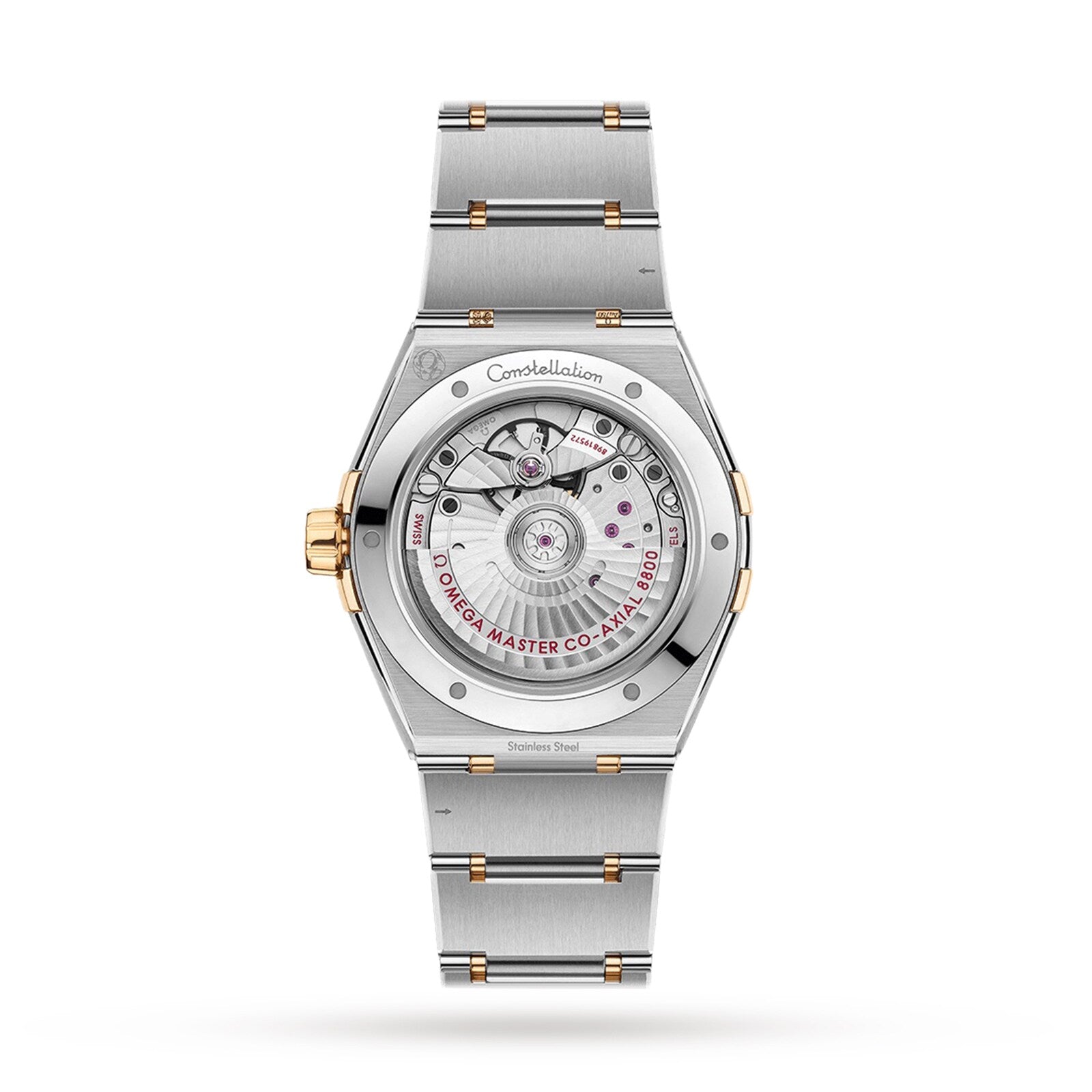 Back view of the OMEGA Constellation watch with a transparent case back, revealing the Master Chronometer Calibre 8800 movement and engraved details on its stainless steel and gold design.