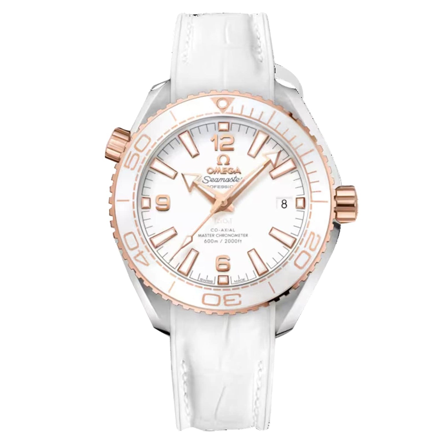 The OMEGA Seamaster Planet Ocean 600M features a white leather strap, white dial, rose gold bezel and hour markers, Master Chronometer certification, and a date display at 3 o’clock.