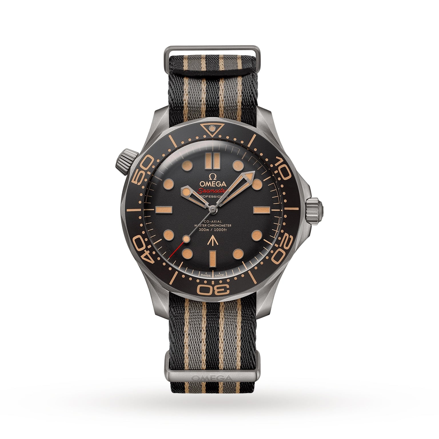 The OMEGA Seamaster Diver 300M James Bond 007 Edition features a black and tan NATO strap, black dial, orange markers, rotating bezel, and broad arrow symbol—an iconic titanium divers watch with classic 007 style on a plain white background.