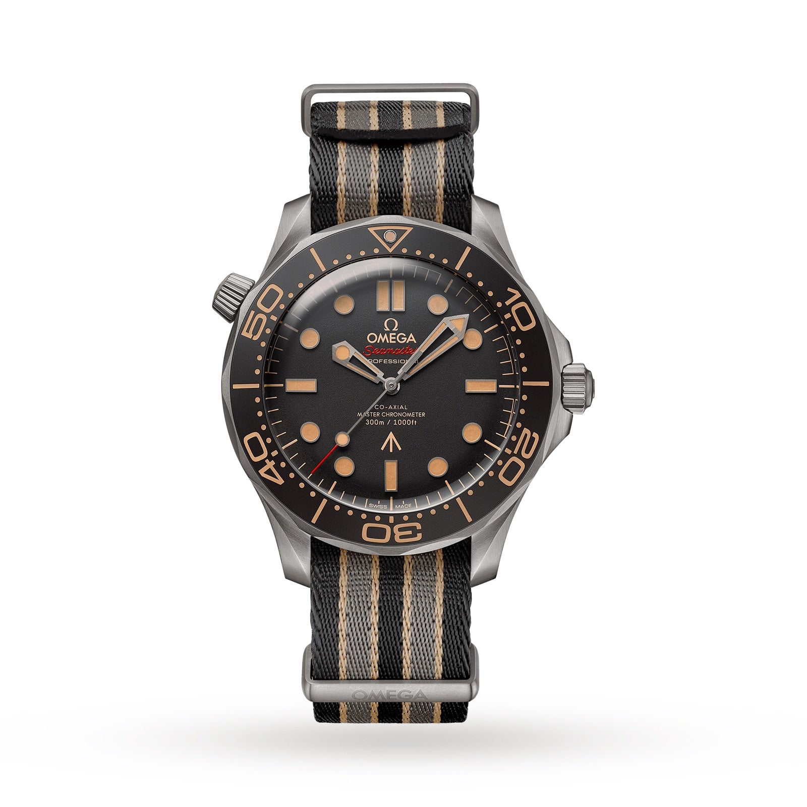The OMEGA Seamaster Diver 300M James Bond 007 Edition features a black and tan NATO strap, black dial, orange markers, rotating bezel, and broad arrow symbol—an iconic titanium divers watch with classic 007 style on a plain white background.