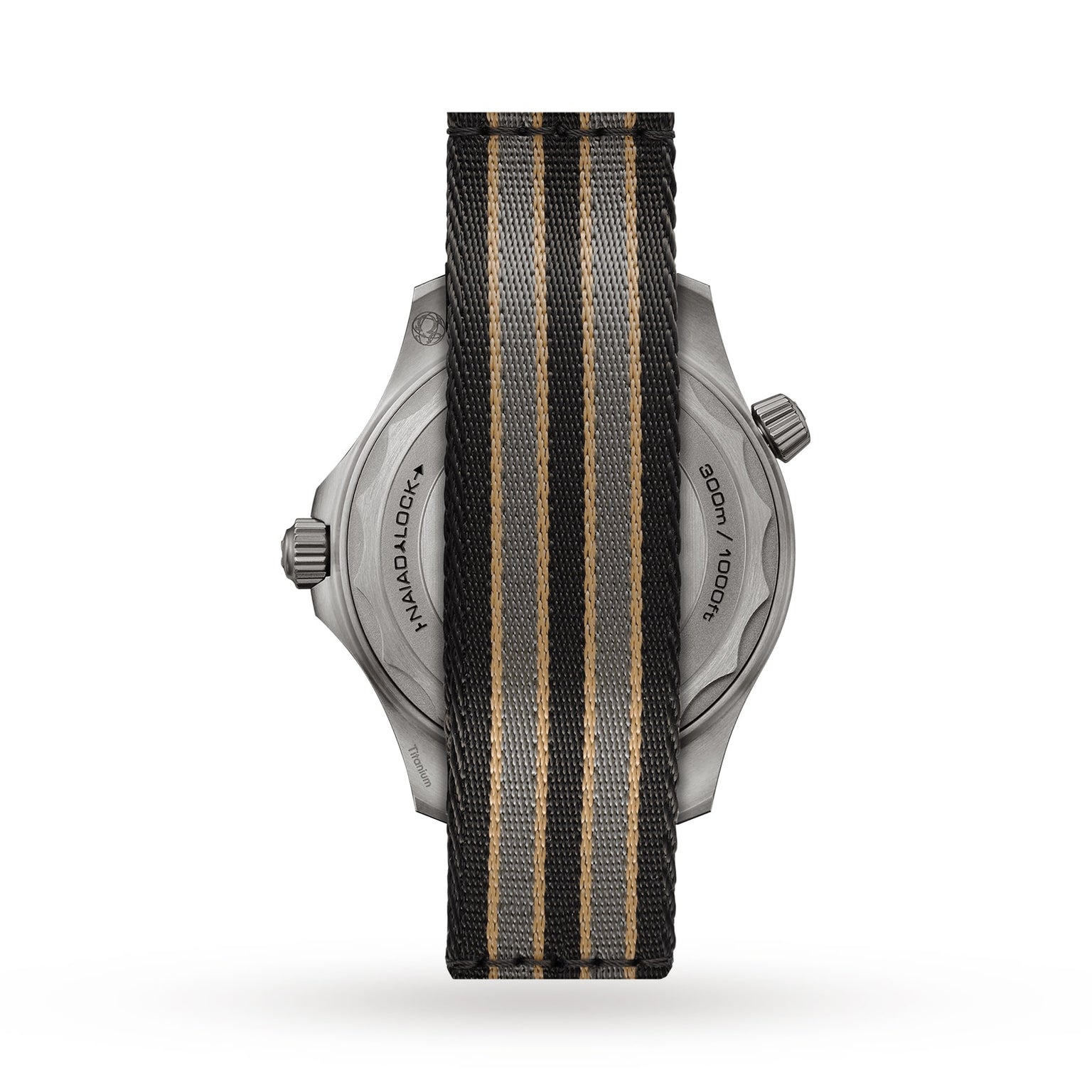 Seen from the back, the OMEGA Seamaster Diver 300M James Bond 007 Edition displays its black and tan striped fabric strap with the watch case partially visible.