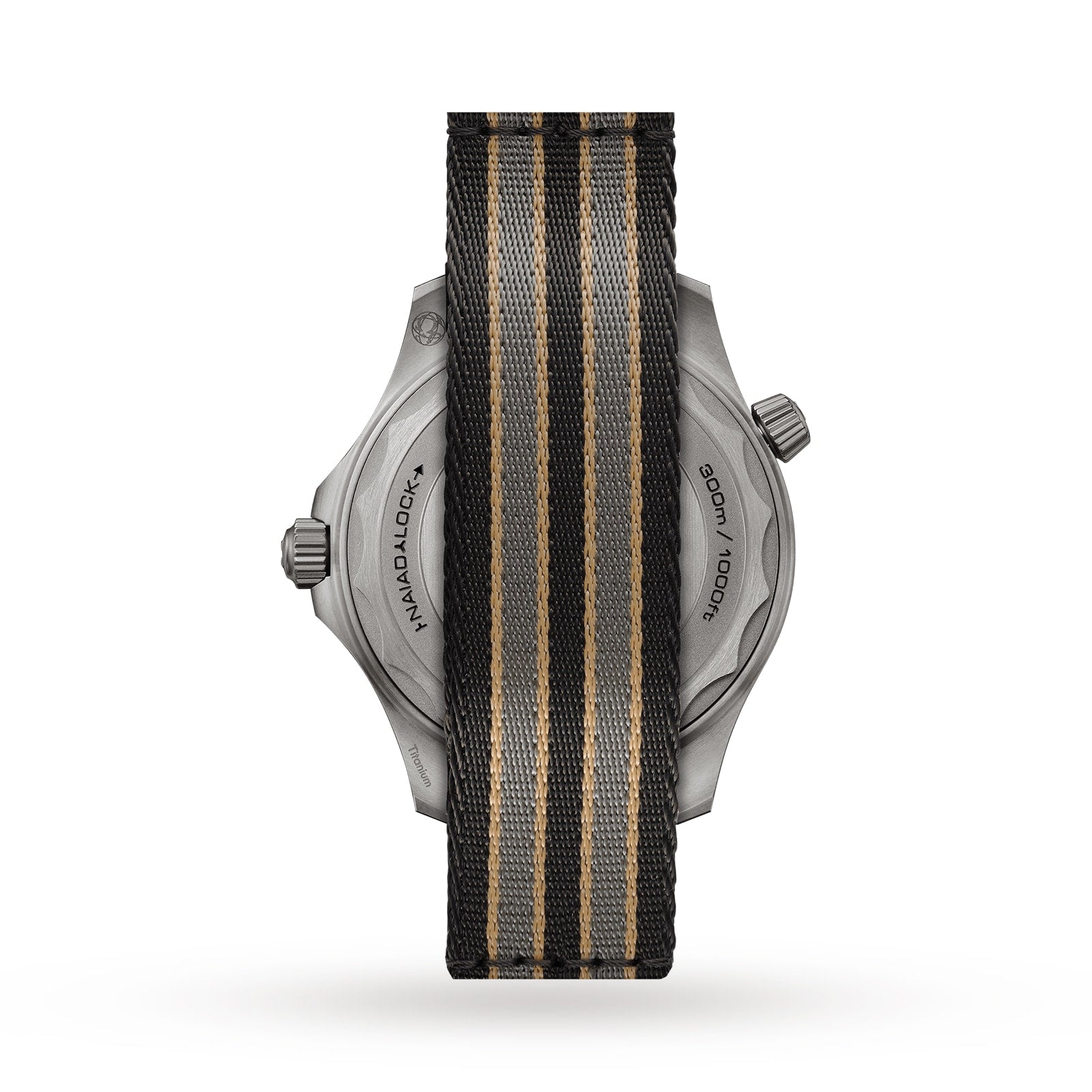 Seen from the back, the OMEGA Seamaster Diver 300M James Bond 007 Edition displays its black and tan striped fabric strap with the watch case partially visible.