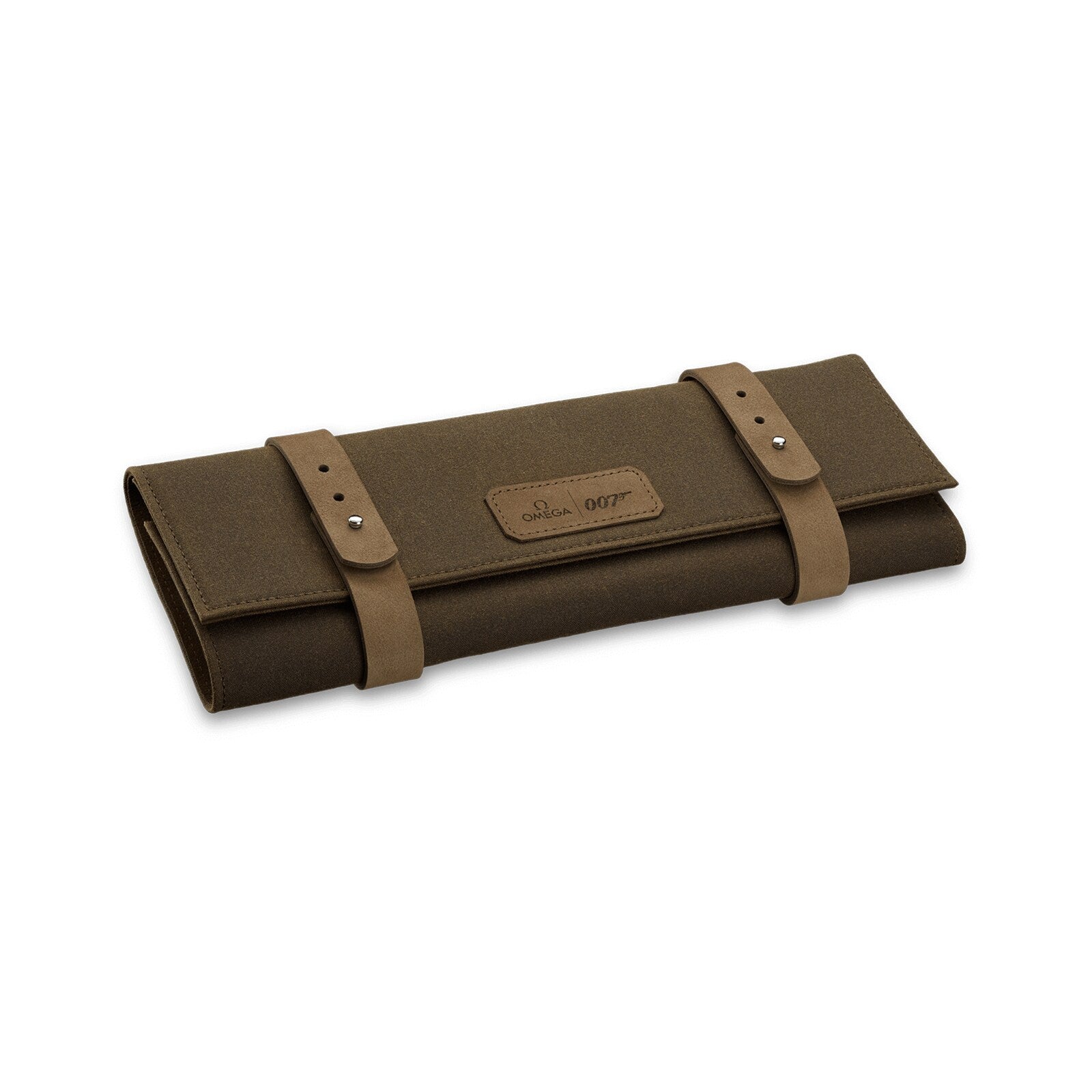 A closed olive green canvas roll-up pouch secured with brown leather straps and metal rivets, featuring an embossed patch—ideal for storing your OMEGA Seamaster Diver 300M James Bond 007 Edition watch.