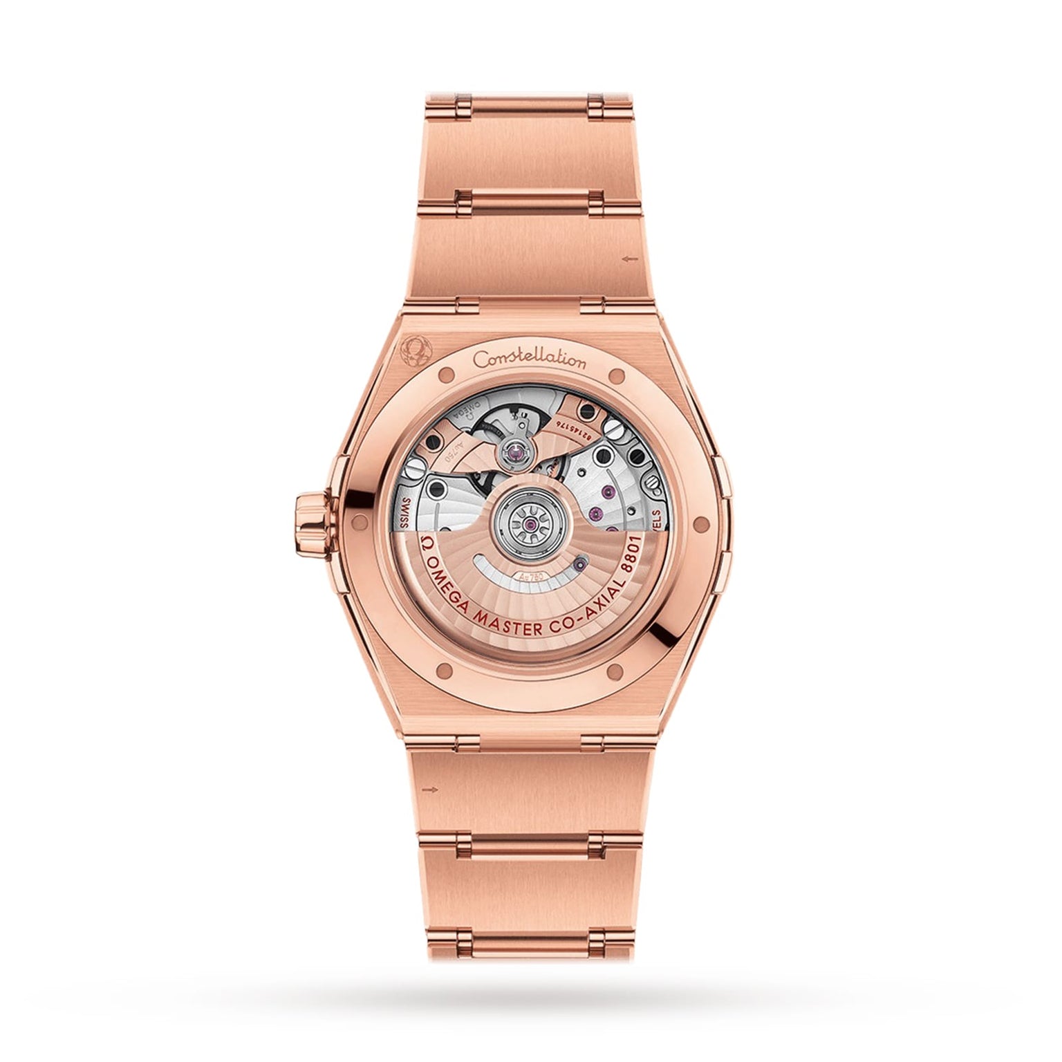An OMEGA Constellation wristwatch in 18K Sedna™ gold with a visible mechanical movement and “Co-Axial Master Chronometer Calibre 8801” displayed on the caseback.