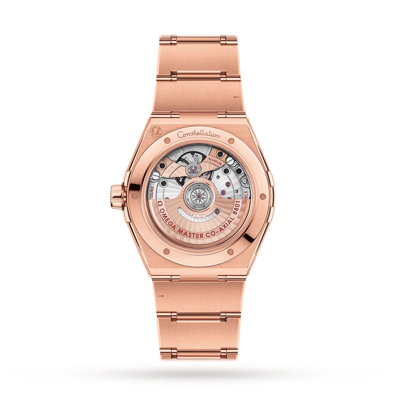 An OMEGA Constellation wristwatch in 18K Sedna™ gold with a visible mechanical movement and “Co-Axial Master Chronometer Calibre 8801” displayed on the caseback.