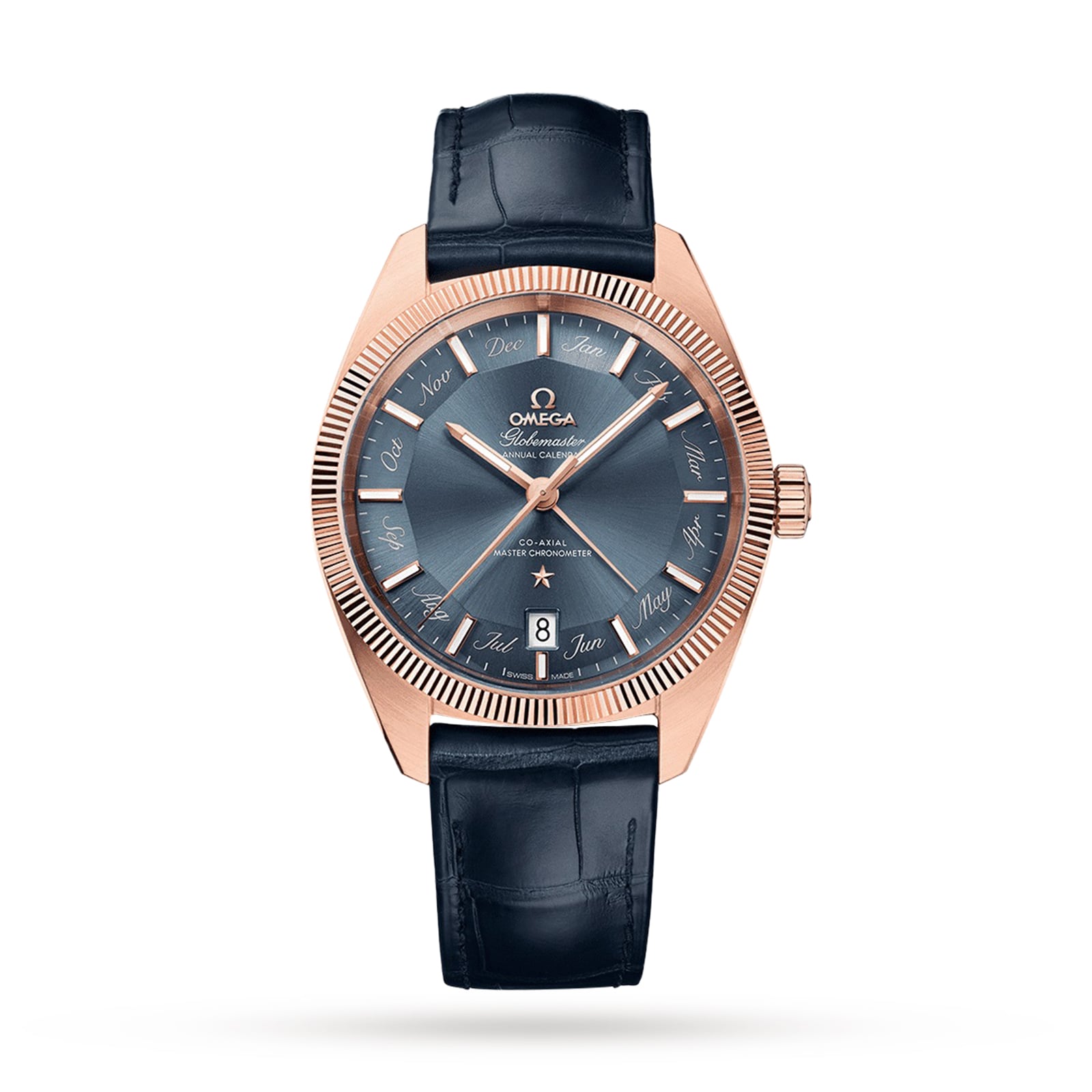 A luxury OMEGA Constellation Globemaster watch featuring a blue dial, 18K Sedna™ gold case, Roman numerals, Annual Calendar display, and a blue leather strap.