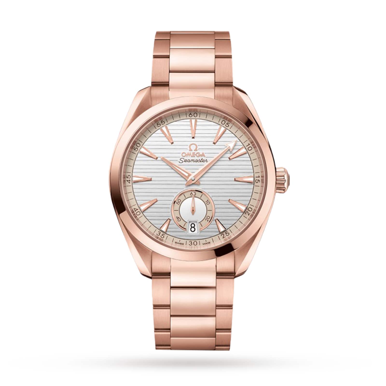 The OMEGA Seamaster Aqua Terra 150M in 18K Sedna™ gold features a white textured dial, date at 6 o’clock, and a matching metal bracelet, displayed elegantly against a white background.