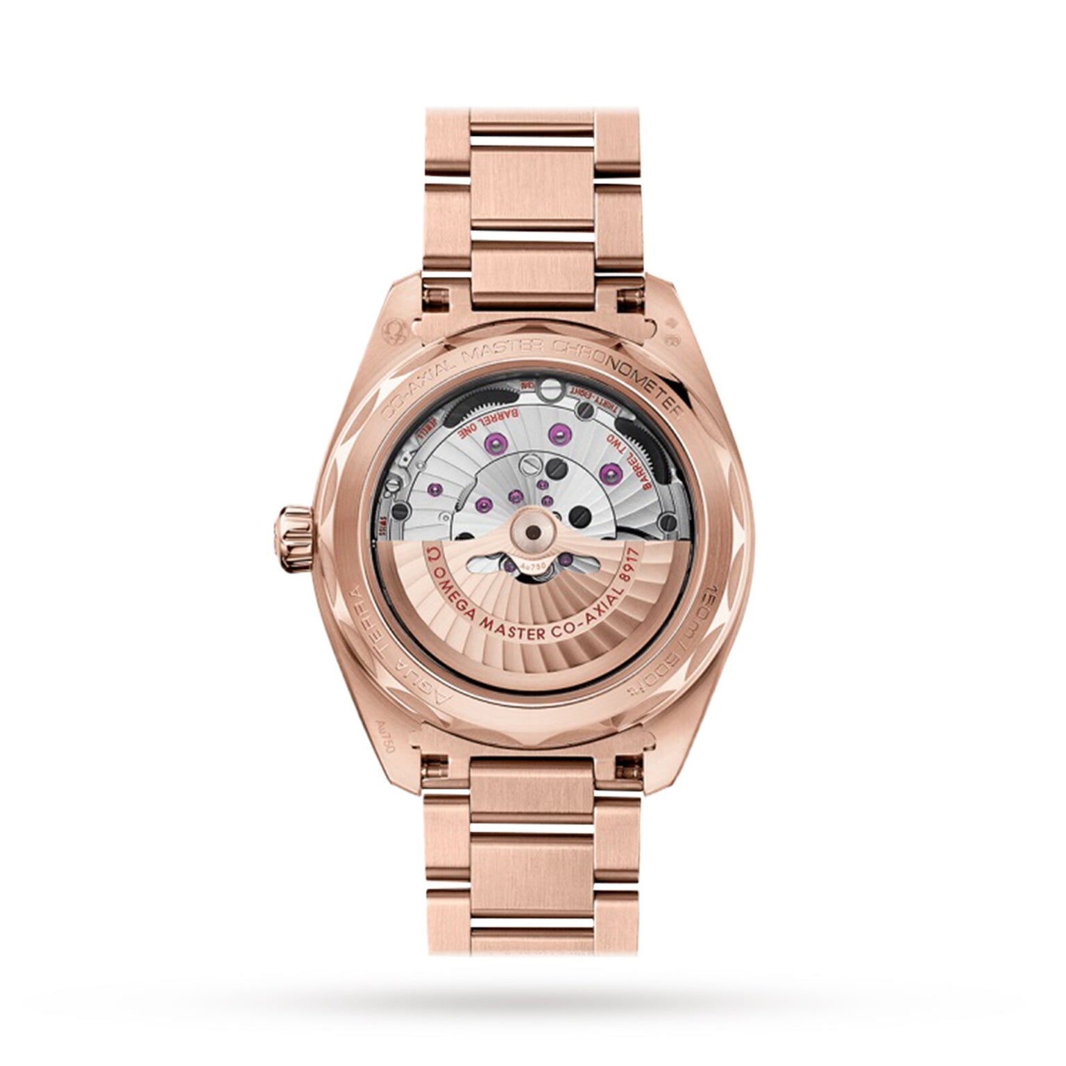 A rose gold OMEGA Seamaster Aqua Terra 150M wristwatch shown from the back, highlighting its transparent case, visible mechanical movement, and engraved details in luxurious 18K Sedna™ gold.