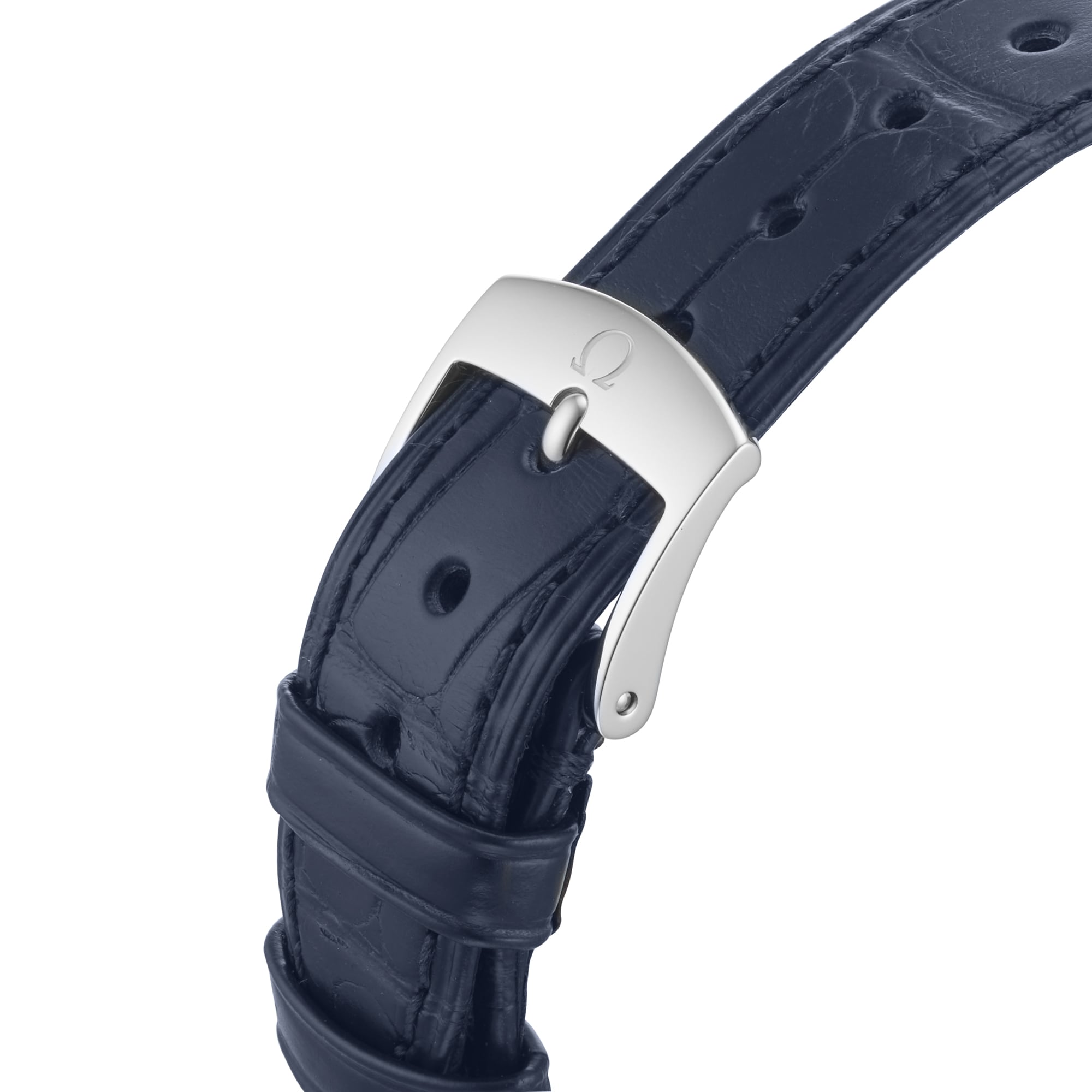 Close-up of a dark blue leather strap with silver buckle featuring the OMEGA logo, complementing the elegant design of the De Ville Prestige watch by OMEGA.
