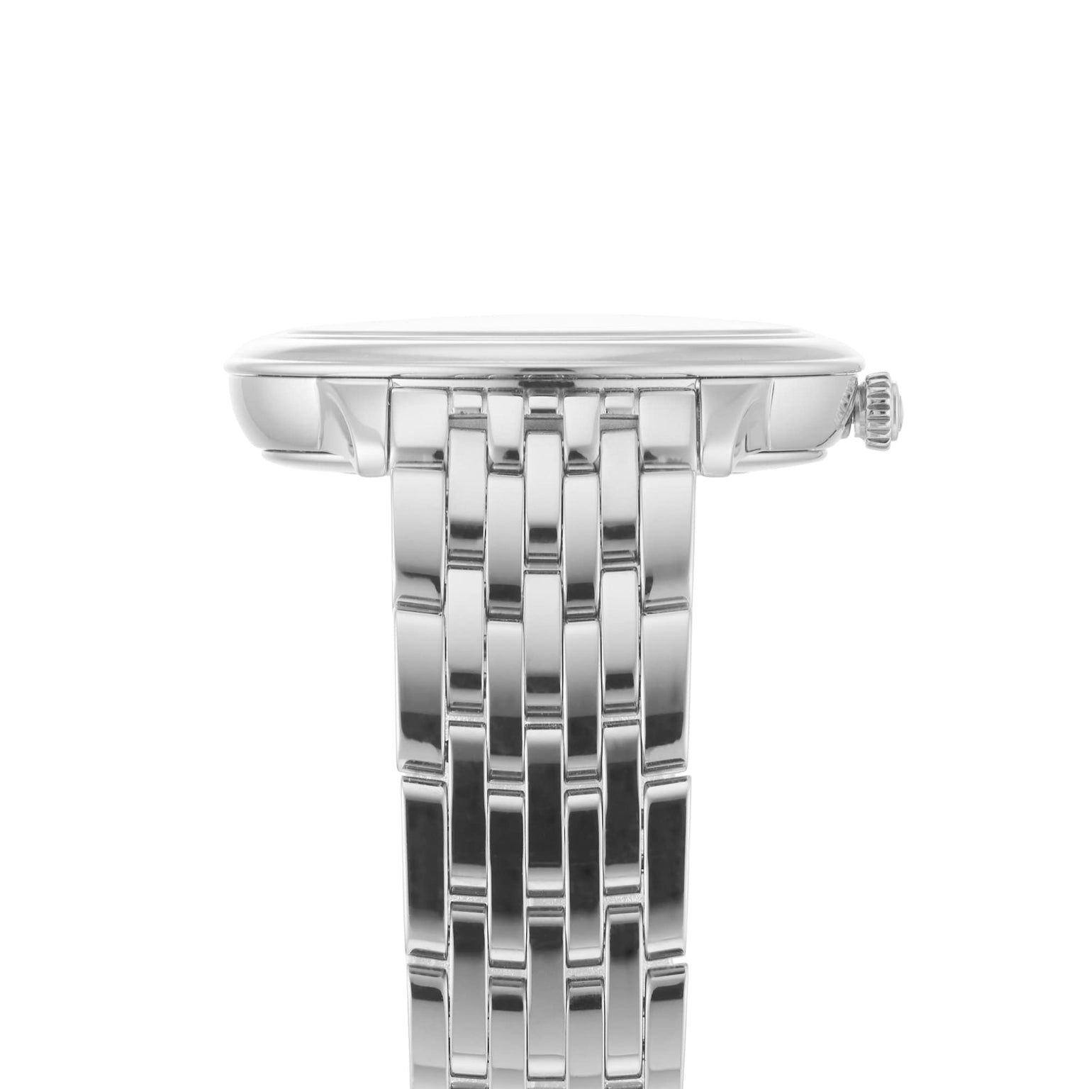Side view of an OMEGA De Ville Prestige with a stainless steel case and metal link band, displaying the crown and sleek, minimalist profile against a white background.