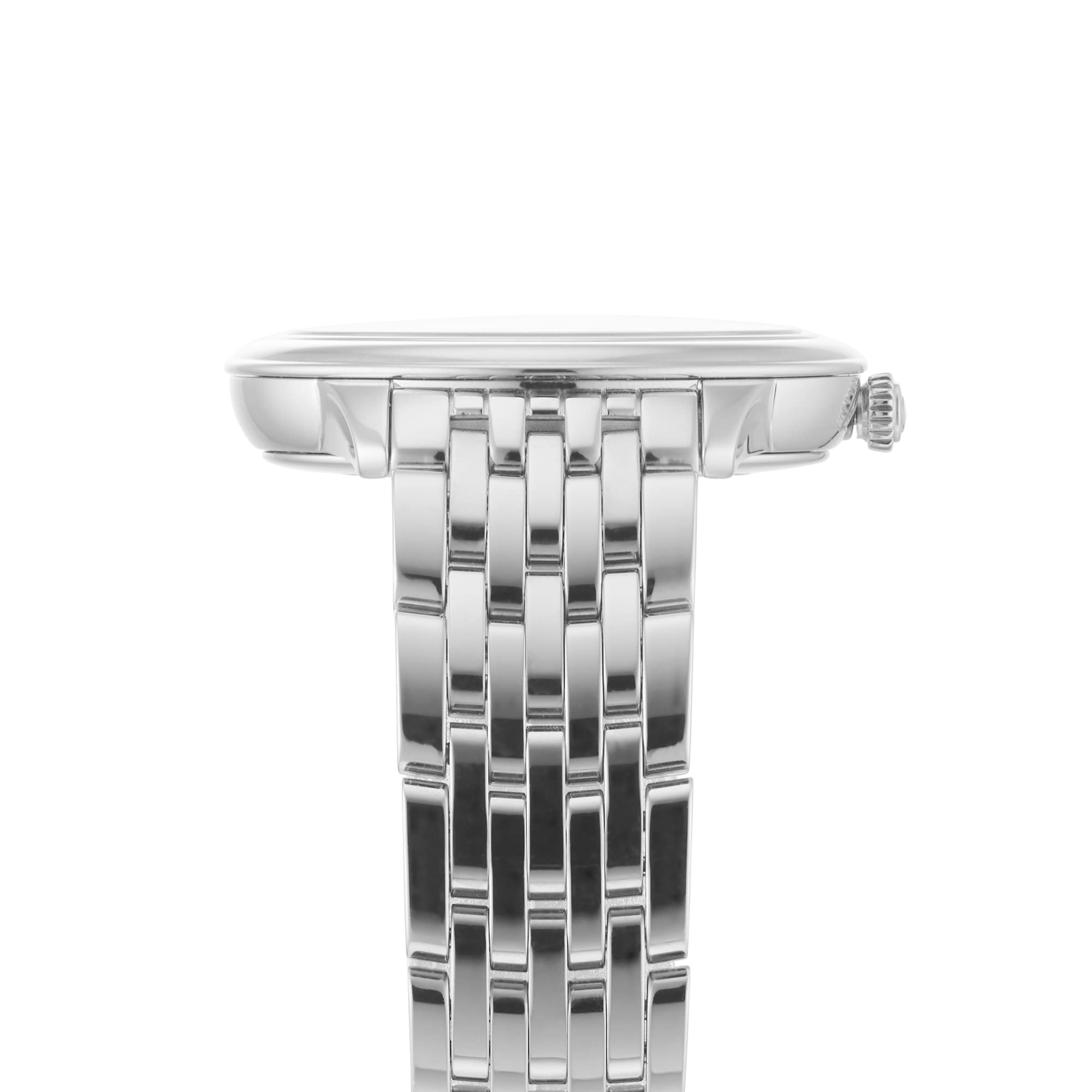 Side view of an OMEGA De Ville Prestige with a stainless steel case and metal link band, displaying the crown and sleek, minimalist profile against a white background.