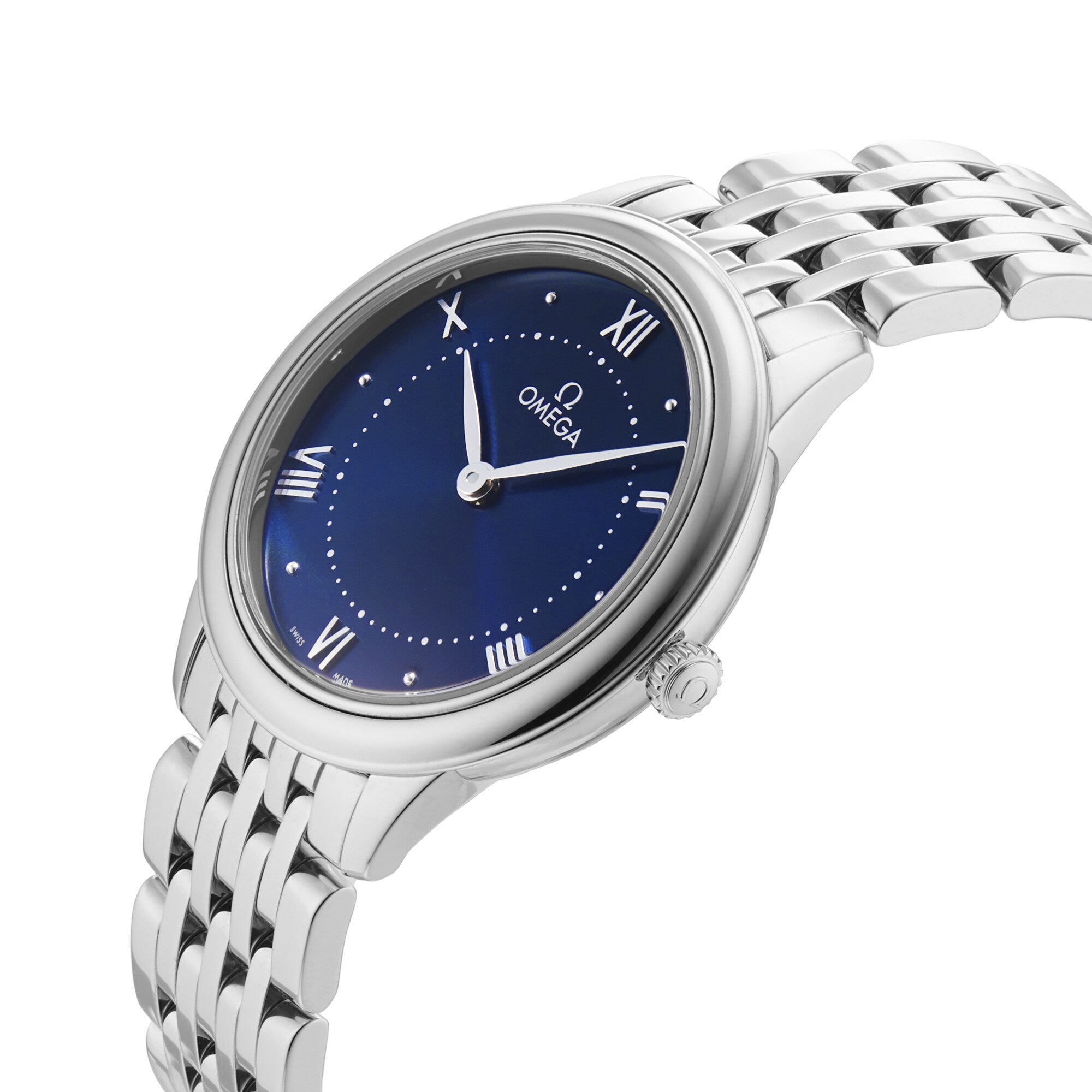 A silver OMEGA De Ville Prestige quartz wristwatch with a blue dial, Roman numerals, and a metal link band is photographed at an angle on a white background.