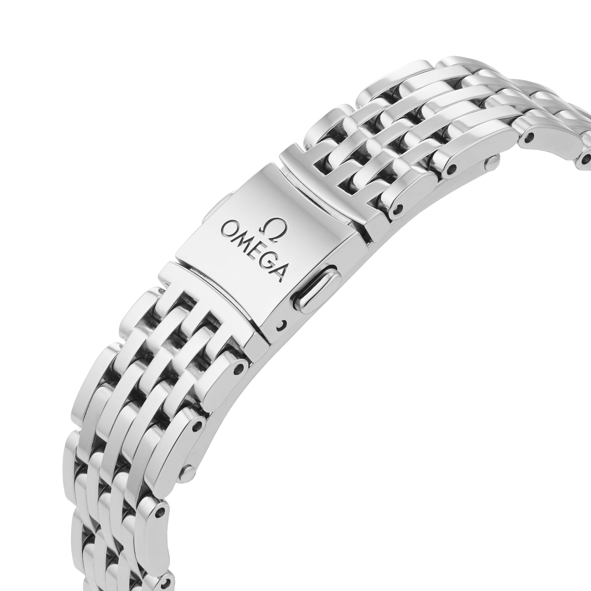 Close-up of an OMEGA De Ville Prestige stainless steel bracelet with the brand’s logo engraved on the clasp, showcasing its refined design and the precise Quartz 4061 movement.
