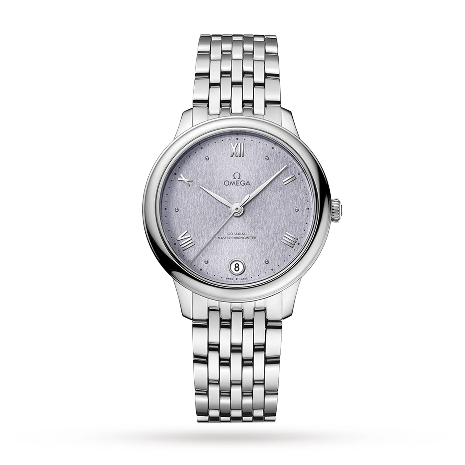 The OMEGA De Ville Prestige wristwatch features a stainless steel case, silver dial with Roman numerals, date display at 6 o’clock, and a linked metal bracelet, shown on a white background.
