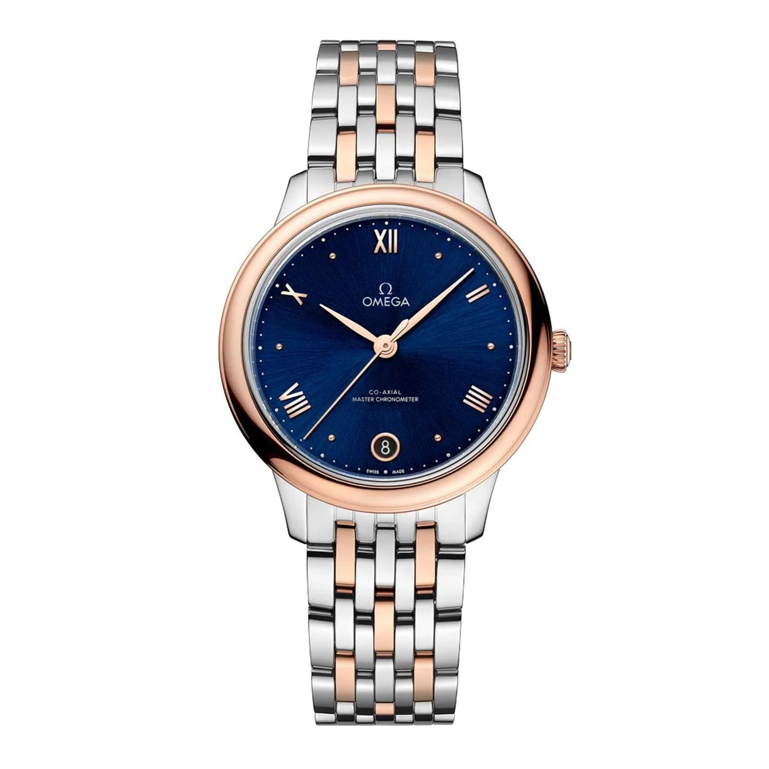 The OMEGA De Ville Prestige wristwatch features a PVD blue dial, rose gold and silver case with Roman numerals, two-tone metal bracelet, and is powered by the Omega Master Co-Axial 8800 movement for precise timekeeping.