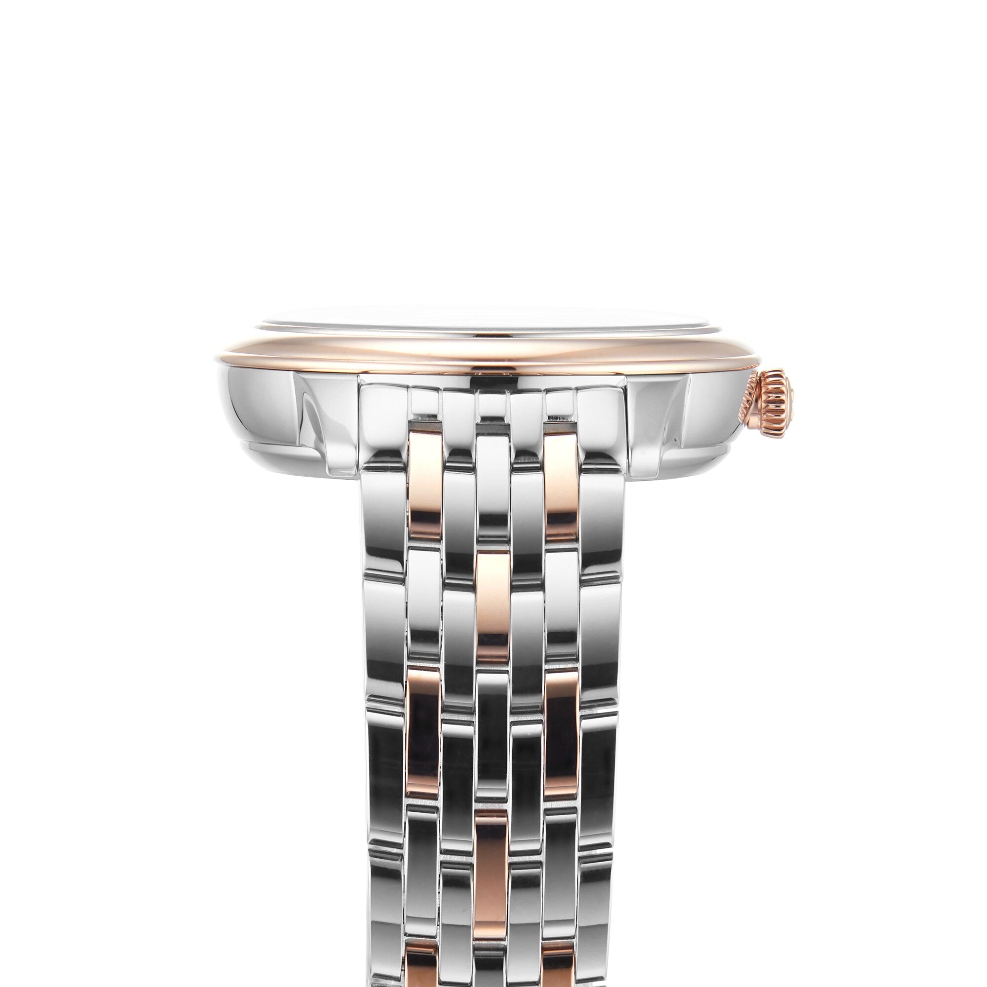 Close-up side view of an OMEGA De Ville Prestige wristwatch featuring a patterned silver and rose gold link bracelet, round crown, and striking PVD blue dial powered by the Master Co-Axial 8800 movement.