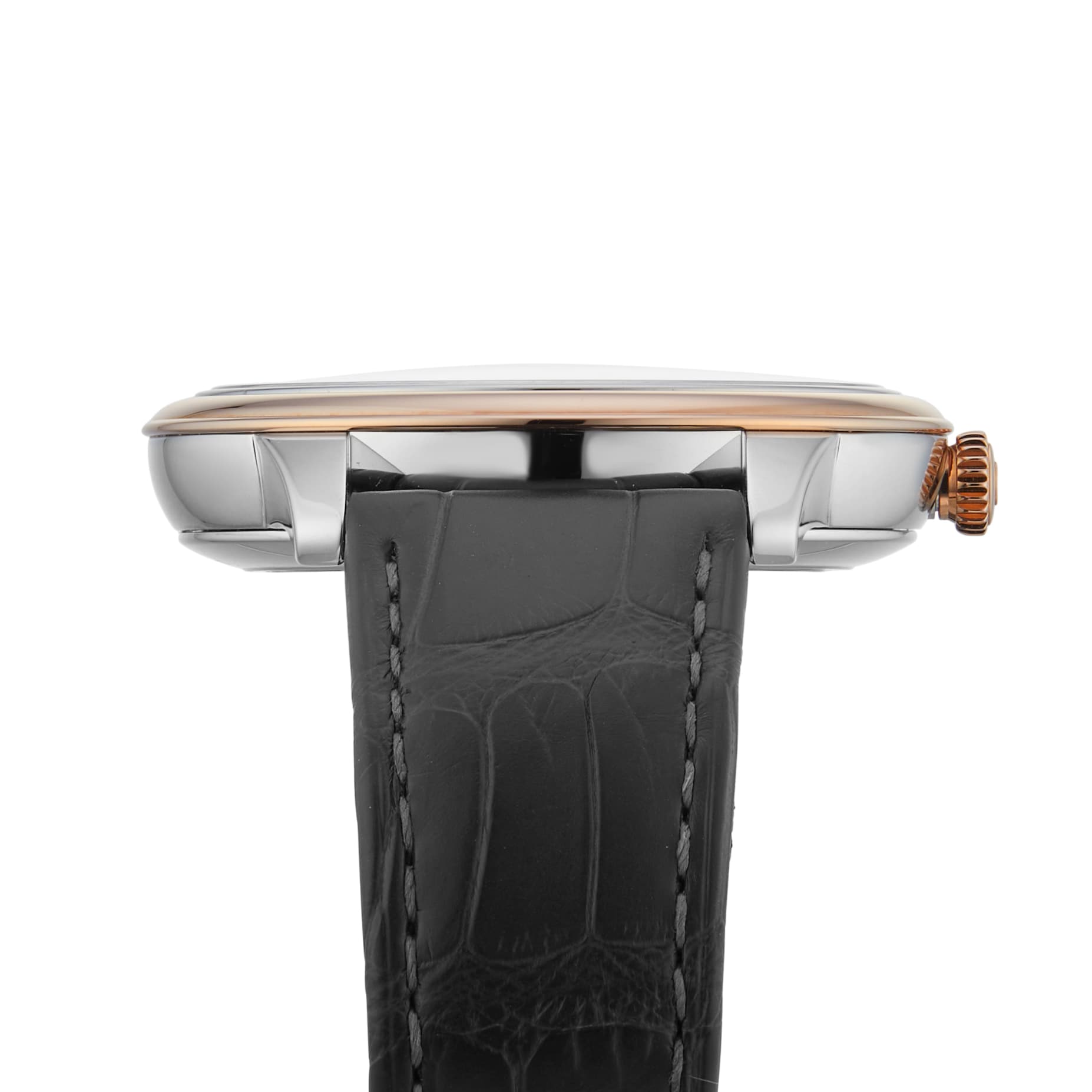 Side view of the OMEGA De Ville Prestige, featuring a black leather strap, silver case, gold crown, and a slightly domed crystal—an elegant wristwatch from OMEGA’s prestigious collection.