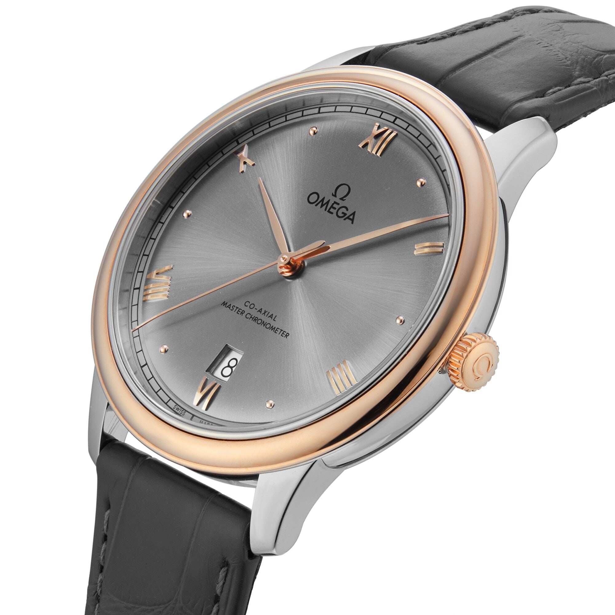 The OMEGA De Ville Prestige is a silver and rose gold wristwatch featuring a grey dial with Roman numerals, a date display at 6 o’clock, black leather strap, and OMEGA Master Co-Axial movement.