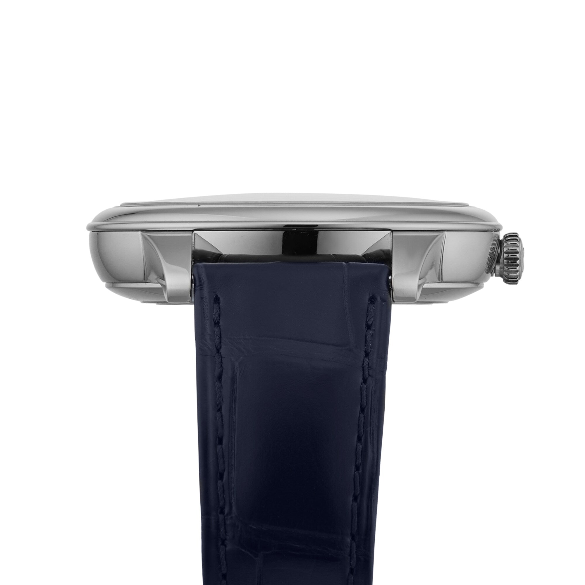 Side view of the OMEGA De Ville Prestige, a stainless steel model with a dark blue leather strap, silver case, and visible crown on the right side, set against a white background.