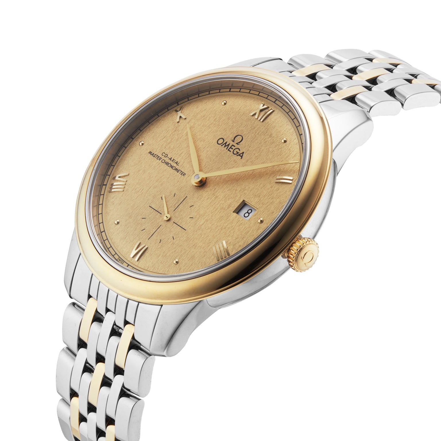 The OMEGA De Ville Prestige wristwatch features a gold and silver bracelet, gold bezel and dial, Roman numerals, date display, and the precision of the Master Chronometer-certified Co-Axial 8802 movement.