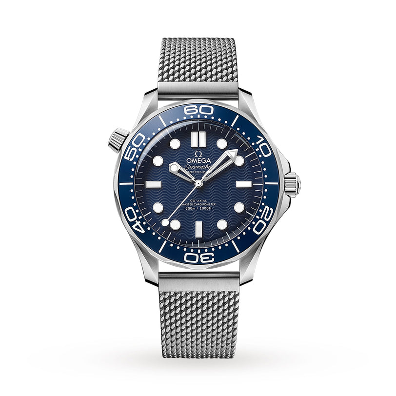 The OMEGA Seamaster Diver 300M James Bond 007 60th Anniversary watch features a blue bezel, wave-patterned blue dial with white hour markers, and mesh bracelet, powered by the Master Co-Axial 8806 movement, shown on a white background.