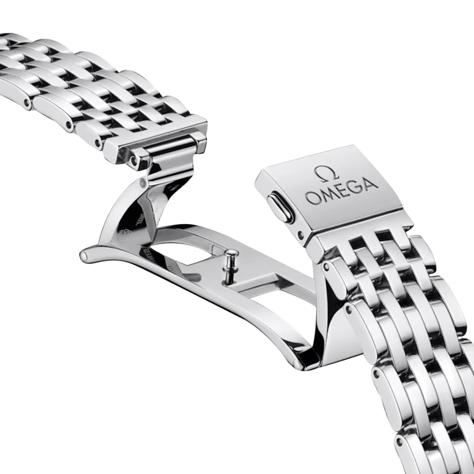 Close-up of the OMEGA De Ville Prestige stainless steel bracelet with deployment clasp, partially open to showcase its precise mechanism and exceptional craftsmanship.