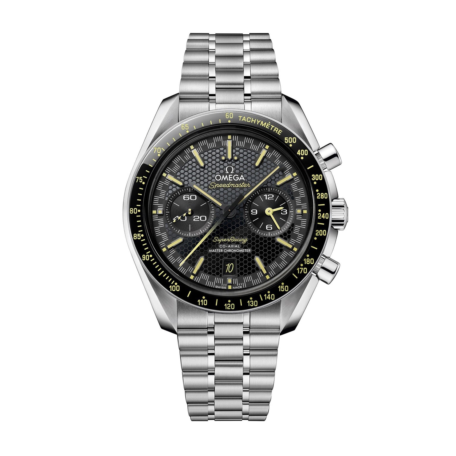 The OMEGA Speedmaster Super Racing features a stainless steel case, black and yellow tachymeter bezel, textured black dial with three subdials, and is presented on a metal bracelet.