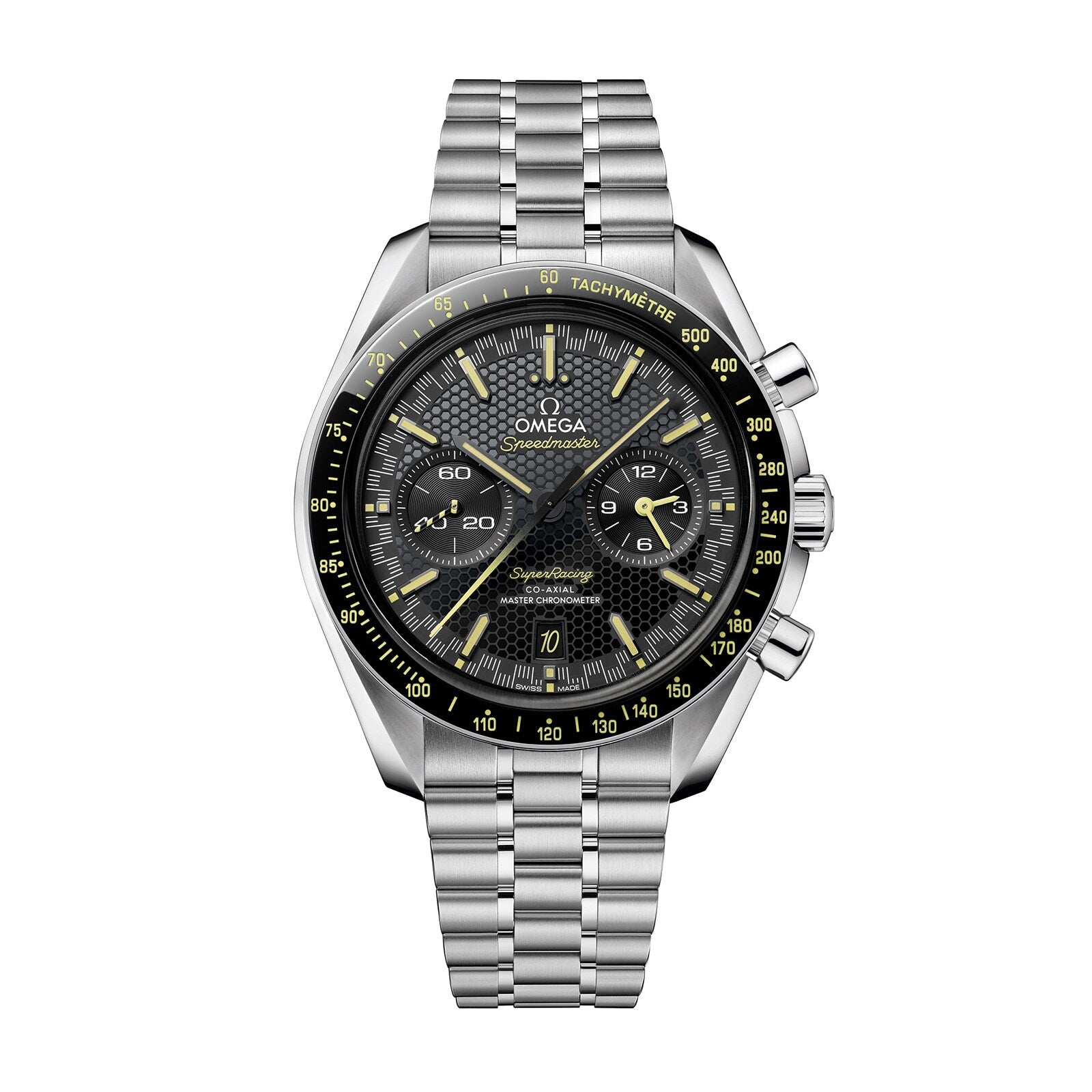 The OMEGA Speedmaster Super Racing features a stainless steel case, black and yellow tachymeter bezel, textured black dial with three subdials, and is presented on a metal bracelet.