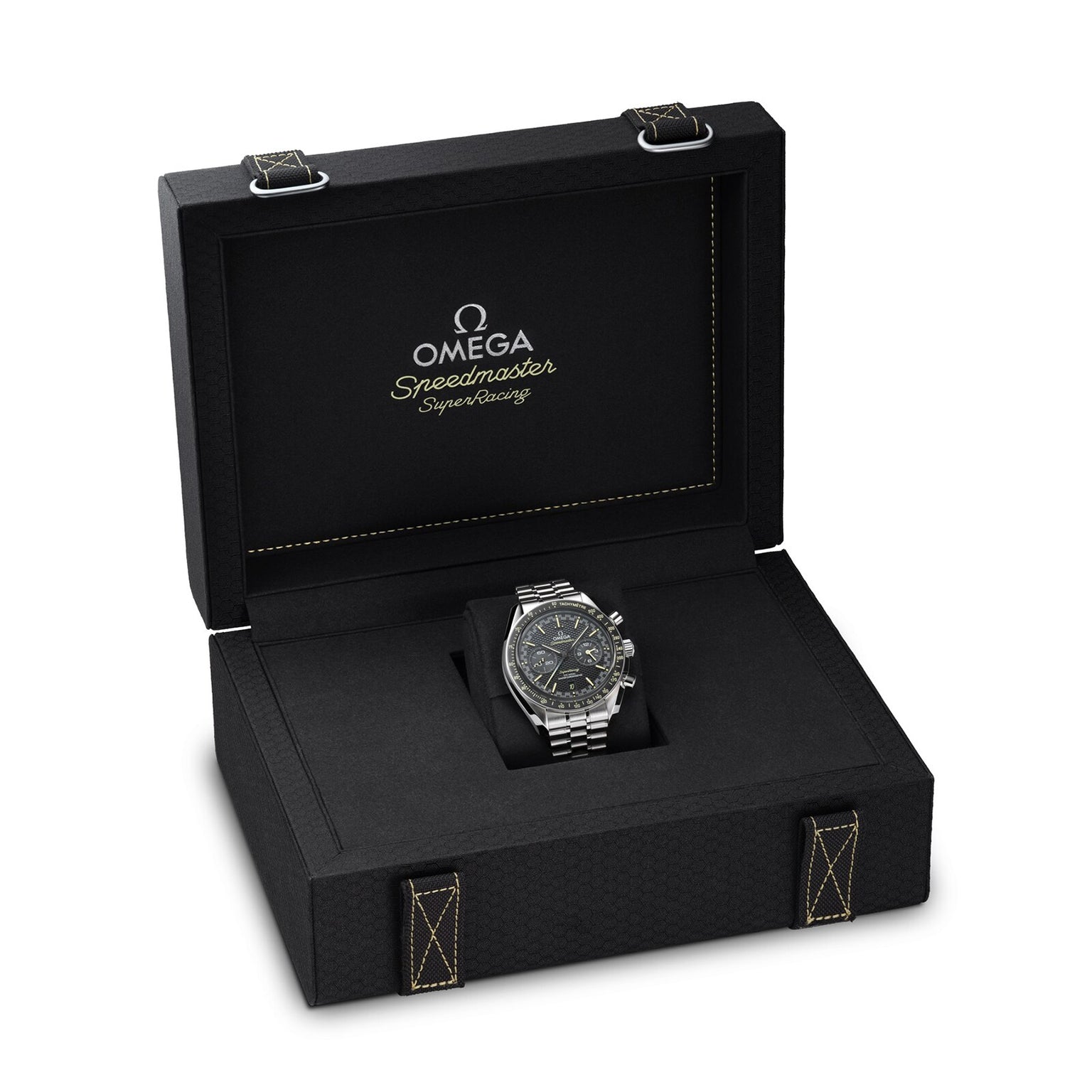 The OMEGA Speedmaster Super Racing, a luxury watch from the Speedmaster collection, is elegantly displayed in an open black presentation box with OMEGA Speedmaster branding on the inside lid.
