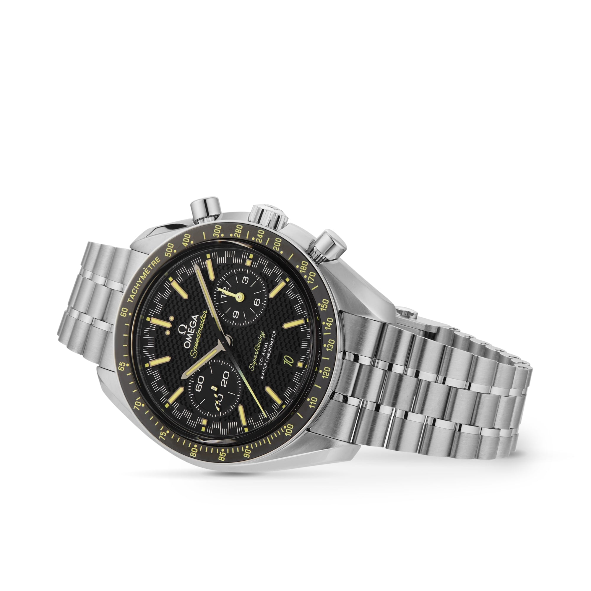 An OMEGA Speedmaster Super Racing wristwatch with a stainless steel case, black dial, yellow accents, three subdials, and a metal bracelet from the Speedmaster collection is shown at an angle on a white background.