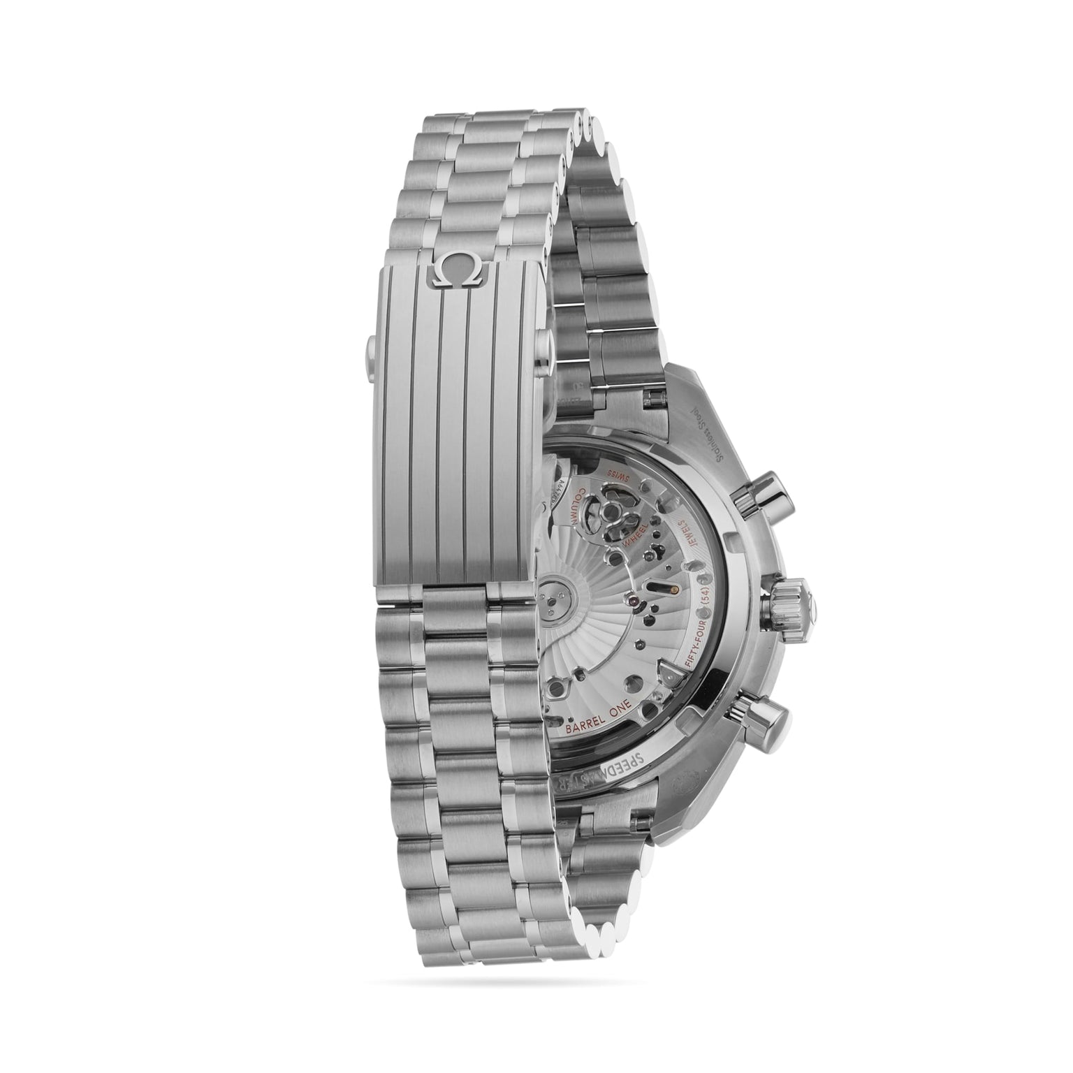 The OMEGA Speedmaster Super Racing, a luxury stainless steel watch, is displayed from the back to reveal its transparent case back, detailed mechanical movement, and metal link bracelet with clasp.