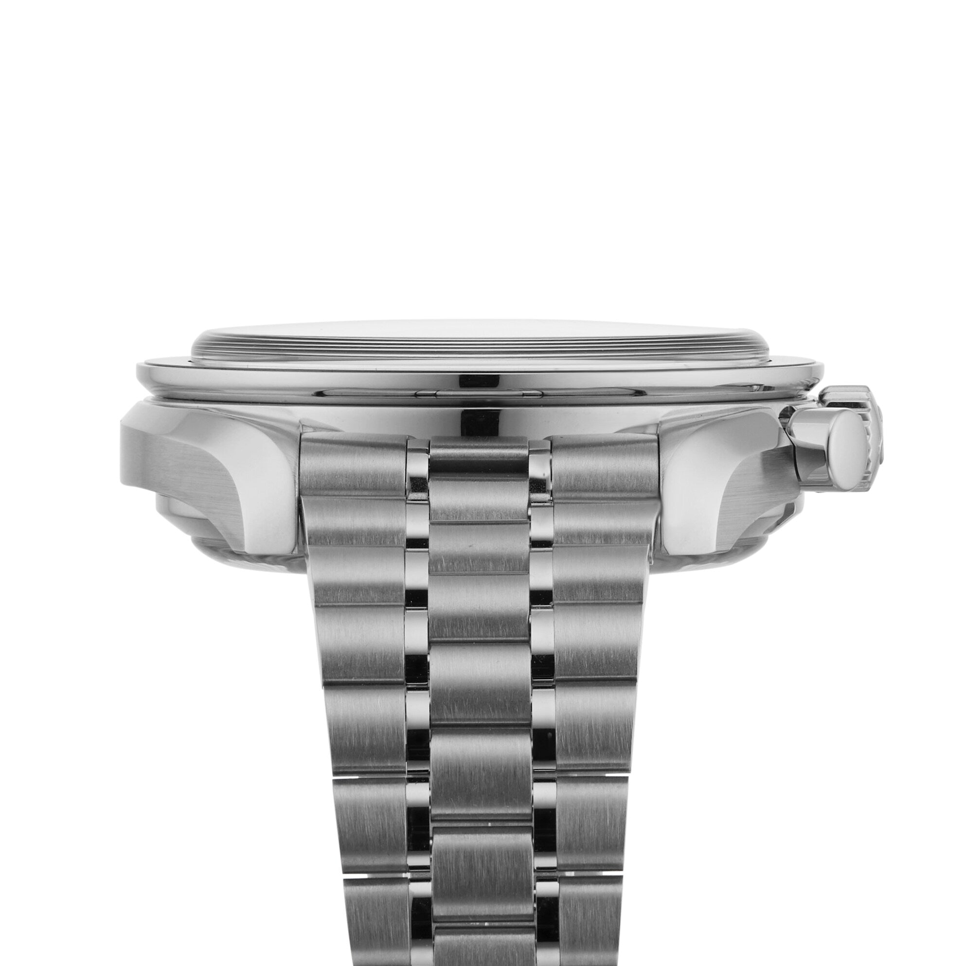 Side view of the OMEGA Speedmaster Super Racing watch, showcasing its stainless steel case, metal link band, visible crown, and domed crystal.