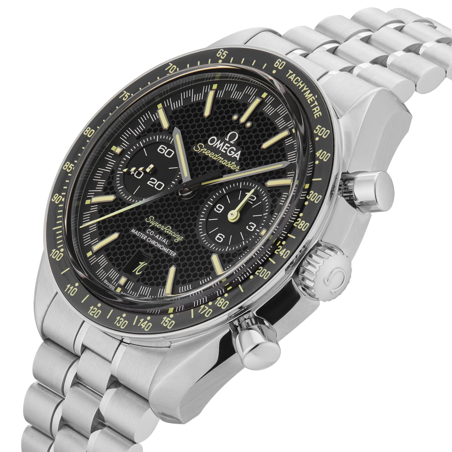 The OMEGA Speedmaster Super Racing is a stainless steel luxury wristwatch featuring a black honeycomb-patterned dial with yellow accents, three subdials, a tachymeter bezel, and a metal link bracelet.